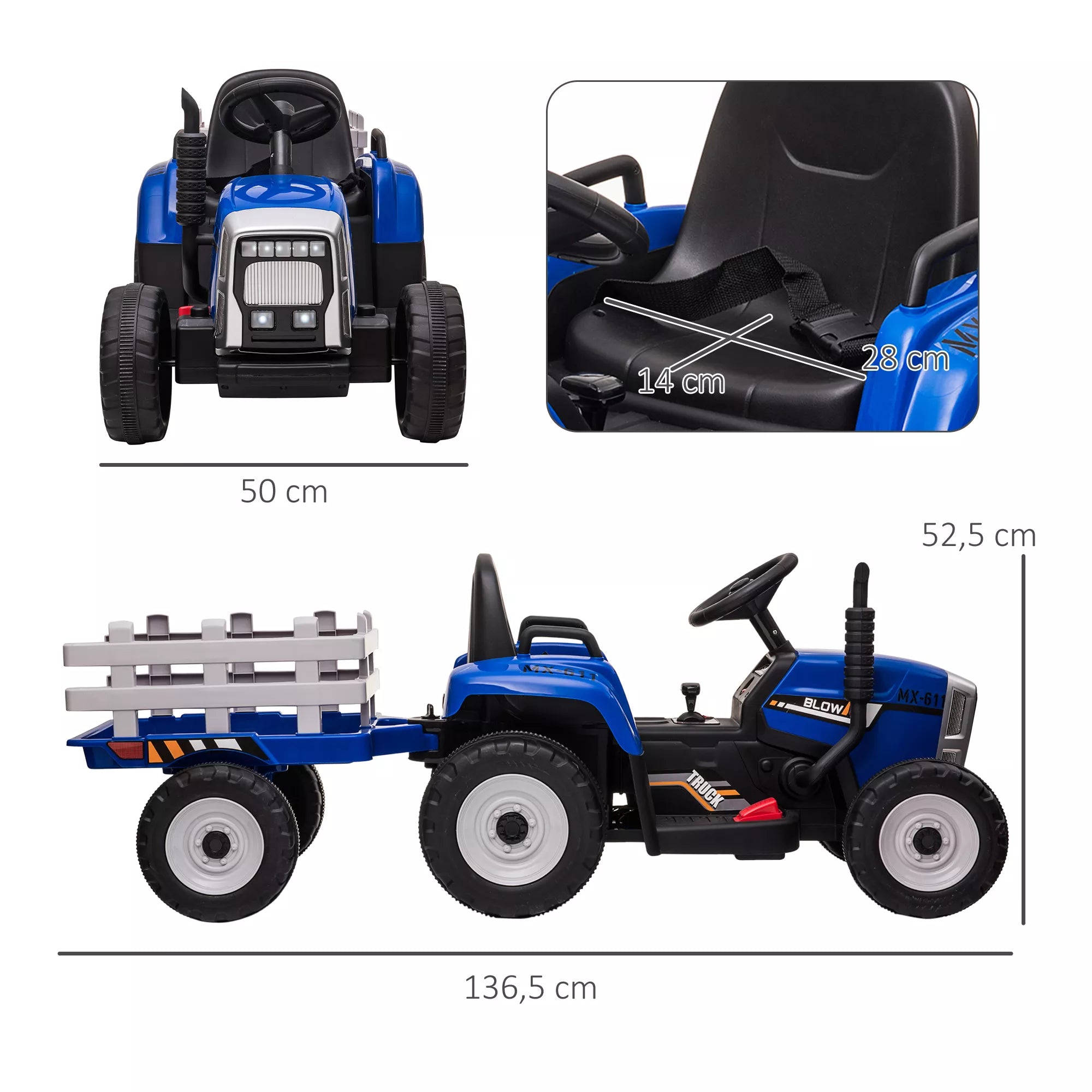Vaikų elektrinis automobilis su priekaba, nuotolinio valdymo pultu, žibintais, 3–6 km/h, skirtas 3–6 metų vaikams, mėlynos spalvos