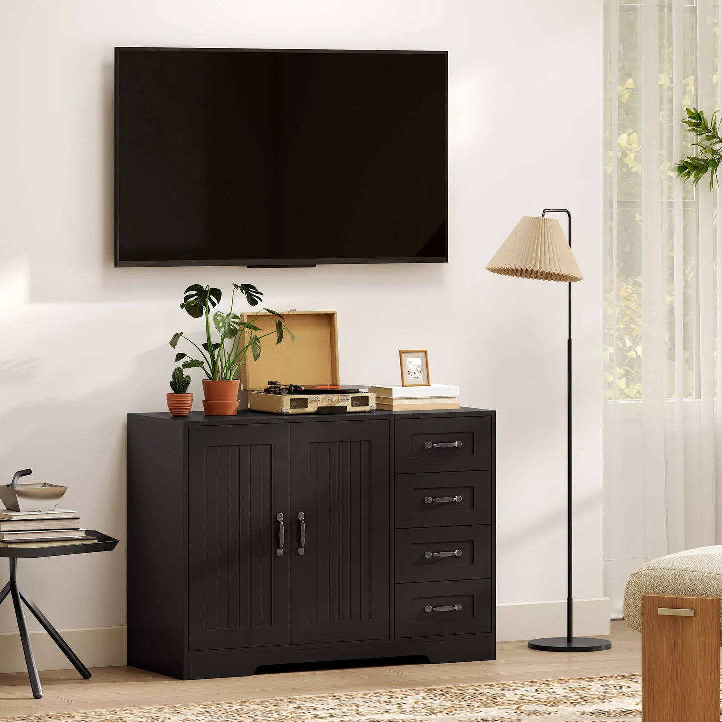 Bufetas, komoda, modernus stilius, 4 stalčiai, 1 spintelė, 105 x 40 x 76 cm, juoda