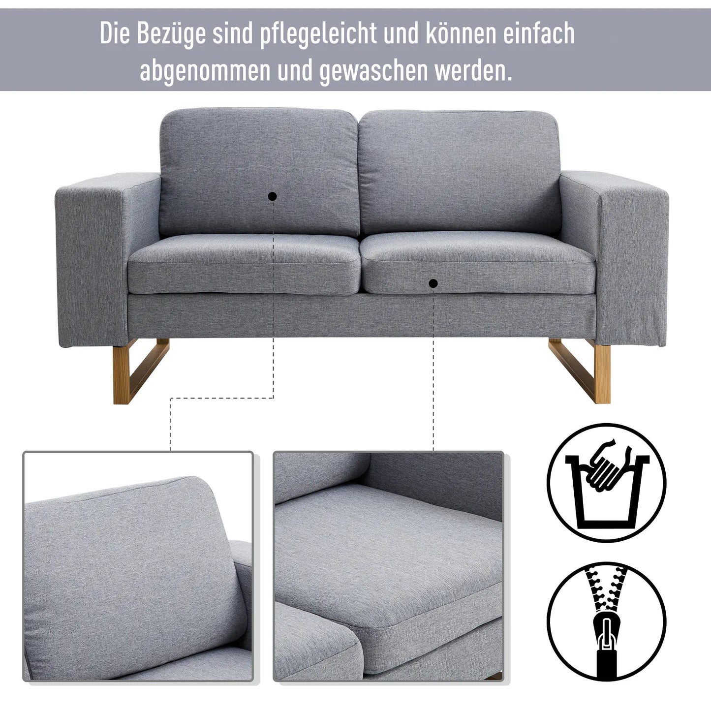 ® 2 vietų sofa, audinio sofa, kampinė sofa, minkšta sofa su porankiais, medinė, šviesiai pilka, 145 x 82 x 78 cm