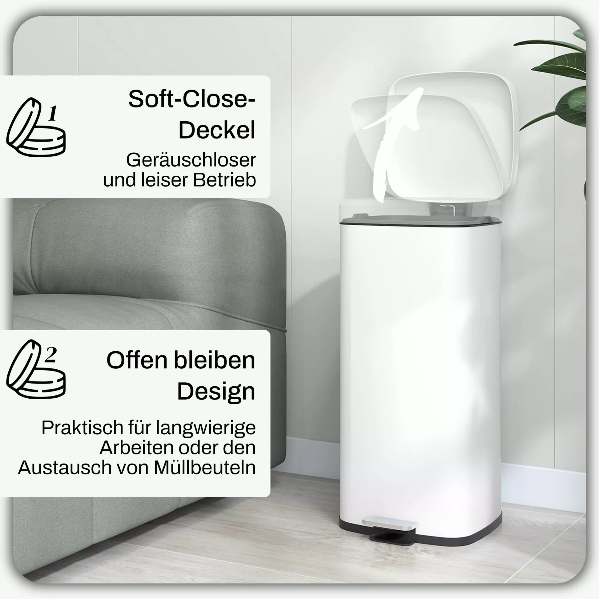 Šiukšliadėžė 30L su pedalu, lėto užsidarymo funkcija (Soft-Close), balta