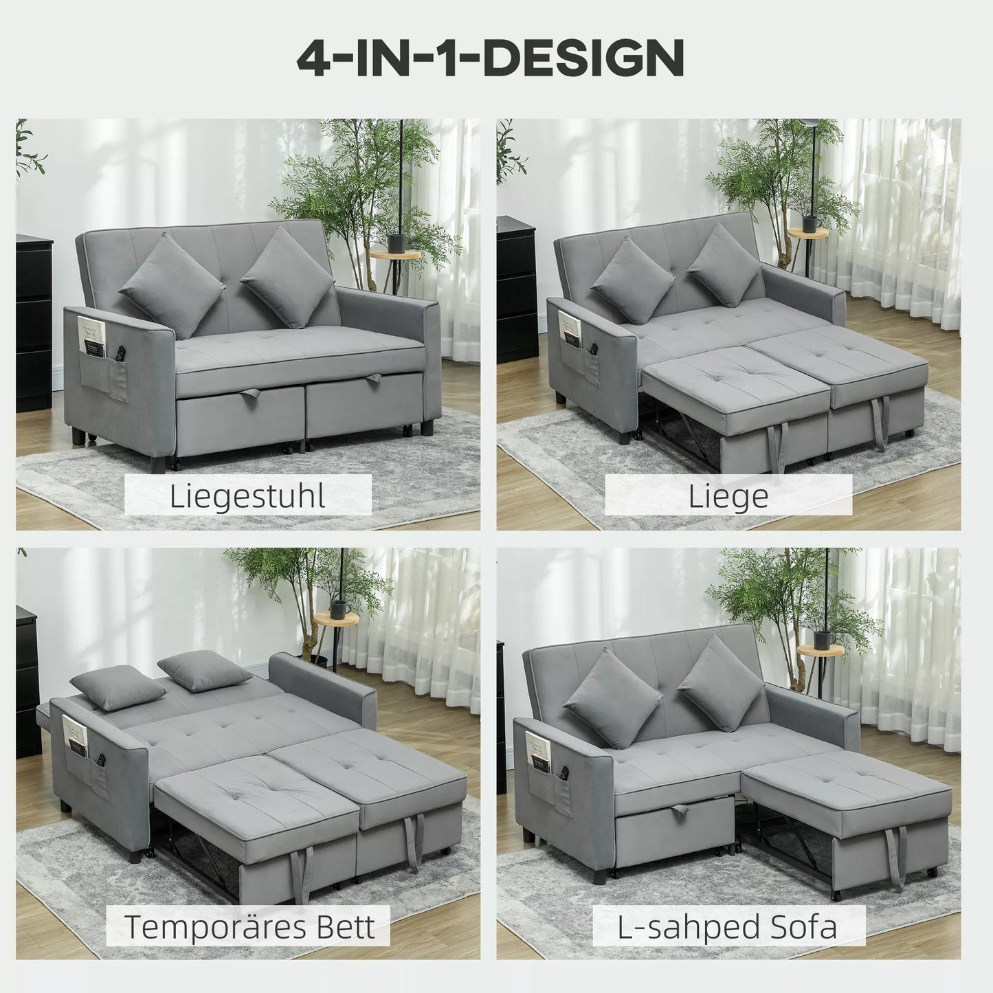 4in1 Sofa, reguliuojama sofa, sofa-lova, su pagalvėmis, audinio apmušalas, skirta svetainei, miegamajam, pilka