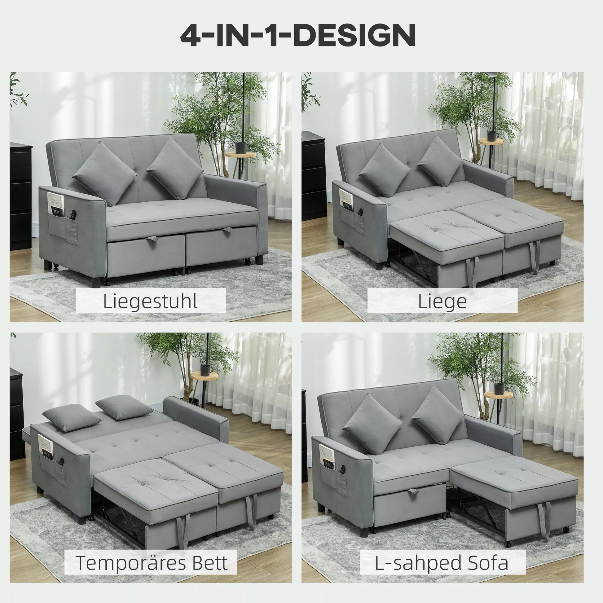 4in1 Sofa, reguliuojama sofa, sofa-lova, su pagalvėmis, audinio apmušalas, skirta svetainei, miegamajam, pilka