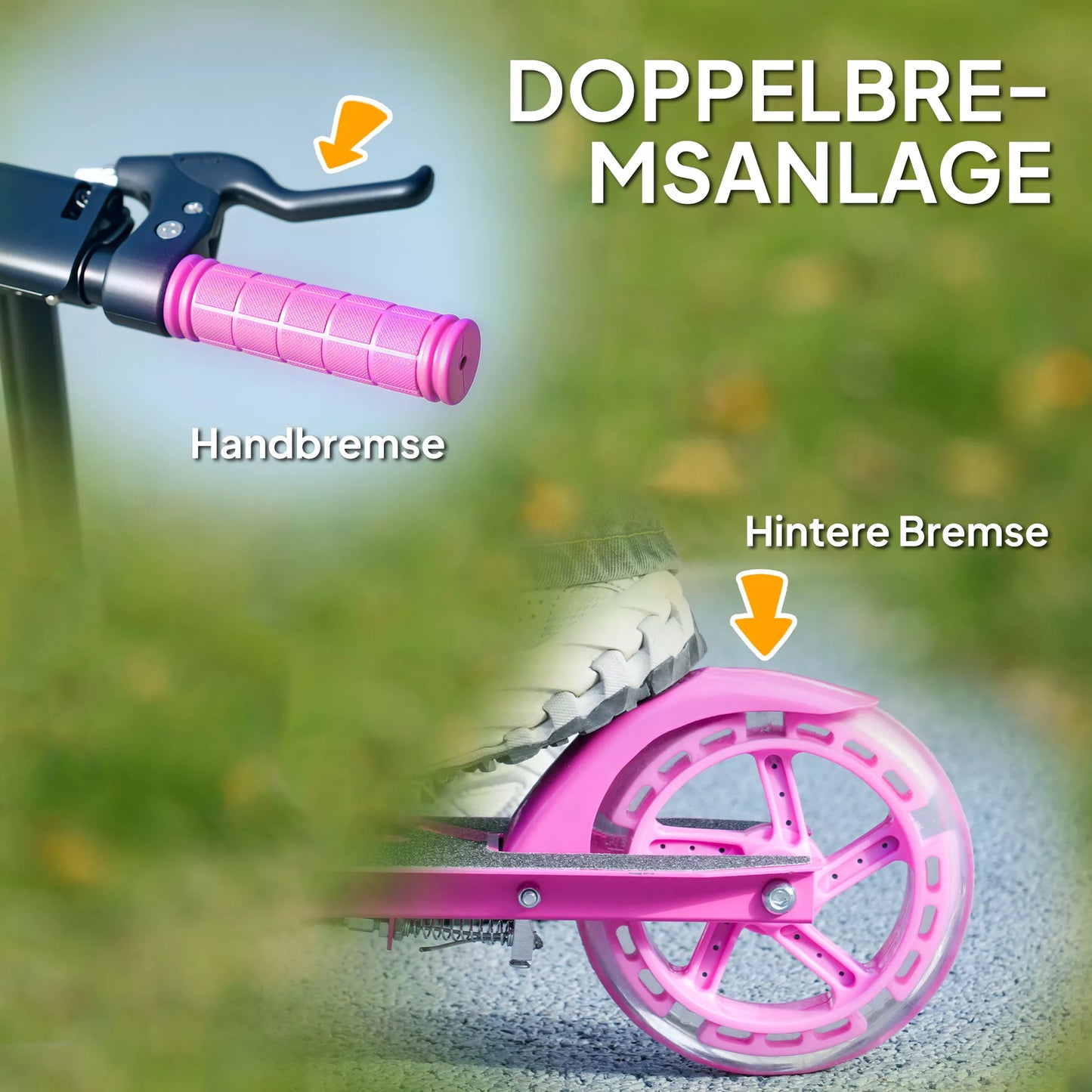 Vaikiškas paspirtukas, dvigubi stabdžiai, metalinis rėmas, atrama kojoms, sulankstomas, 3–8 metai, rožinis