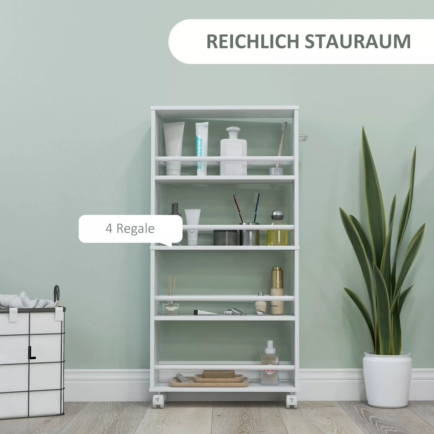 Daugiafunkcinė lentynos su ratukais, siaura konstrukcija, 4 skyriai, 45x15x91 cm, balta