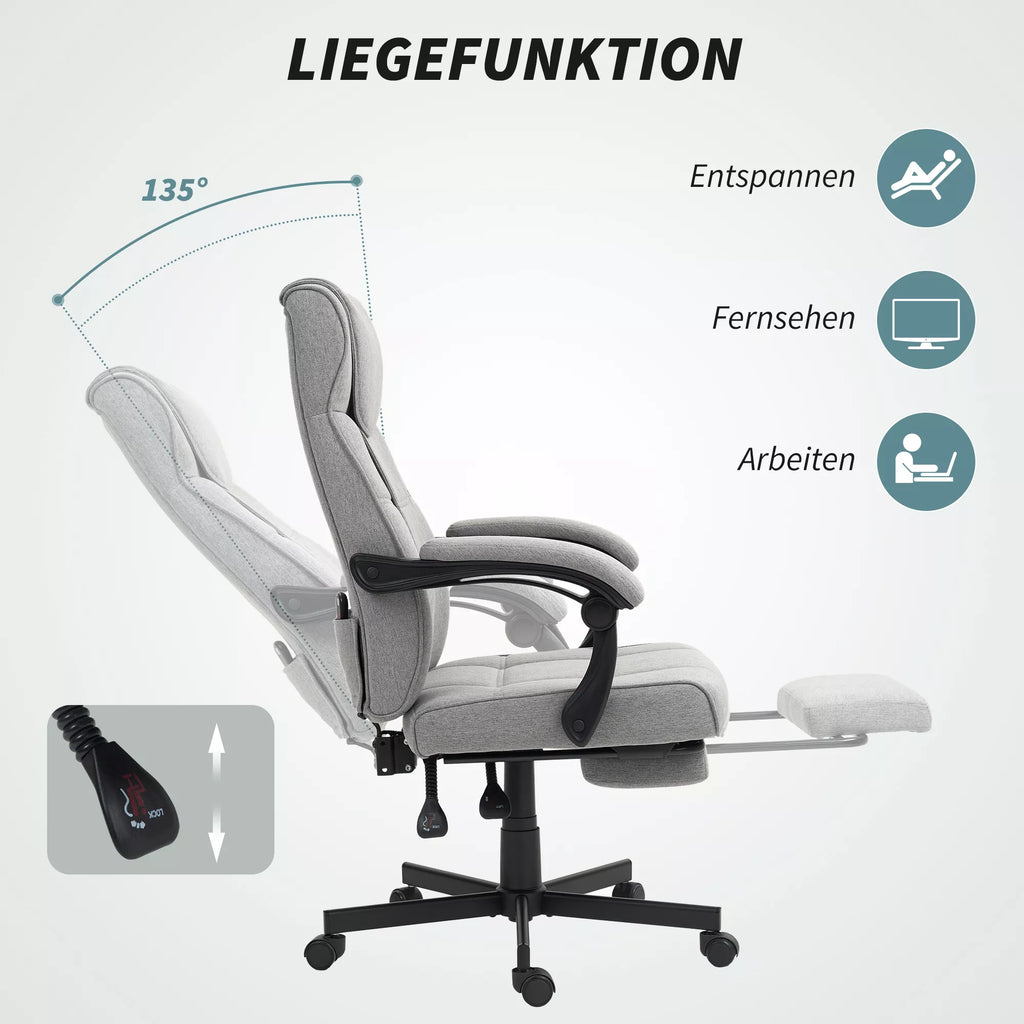 Ergonomiška biuro kėdė su masažo ir gulimosios padėties funkcija, pilkos spalvos, su kojų atrama