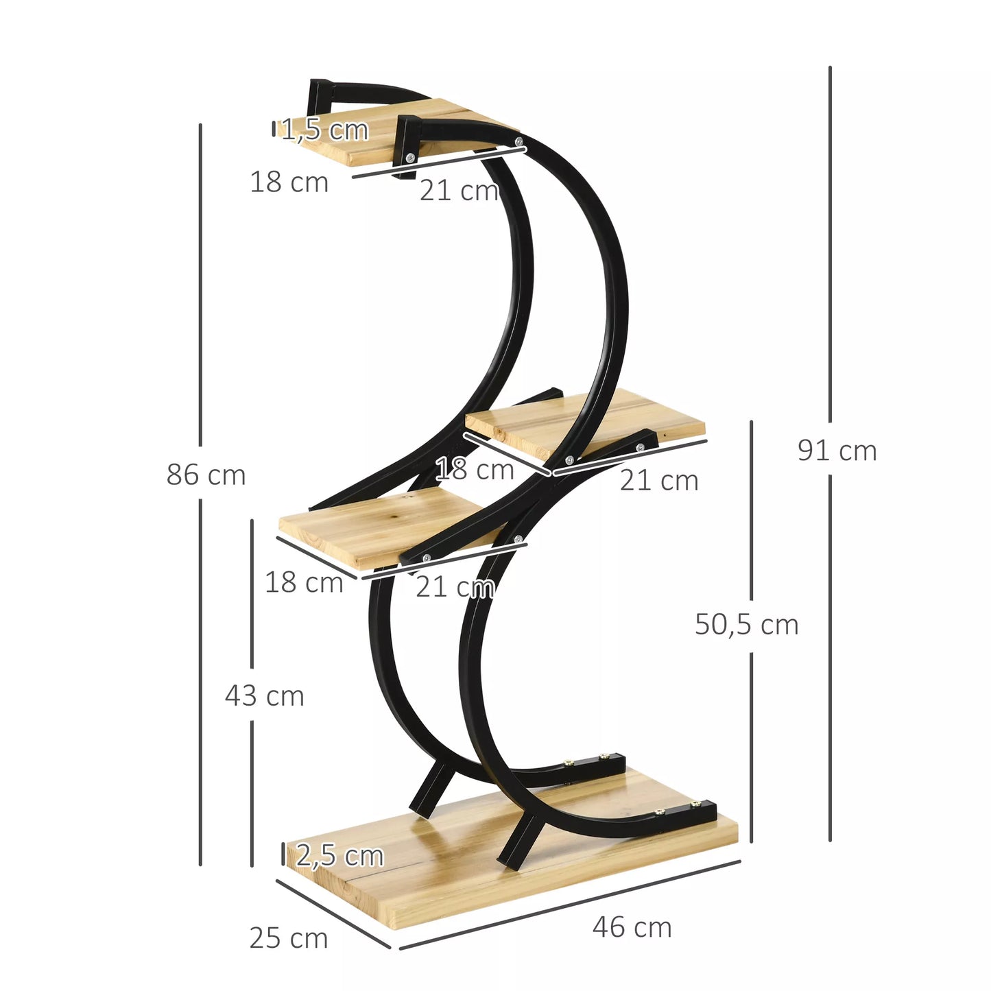 Augalų stovas su 4 lentynomis, masyvo mediena, atsparus oro sąlygoms, 46 cm x 25 cm x 91 cm, Juoda + Natūrali