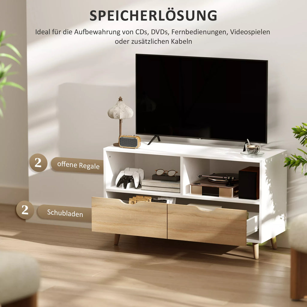 TV spintelė, TV komoda su stalčiais, atviros lentynos, mediena, 99 x 39 x 58 cm, balta