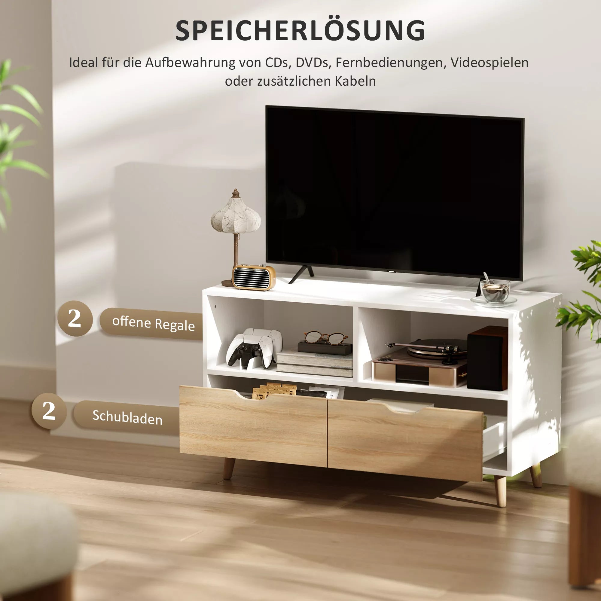 TV spintelė, TV komoda su stalčiais, atviros lentynos, mediena, 99 x 39 x 58 cm, balta