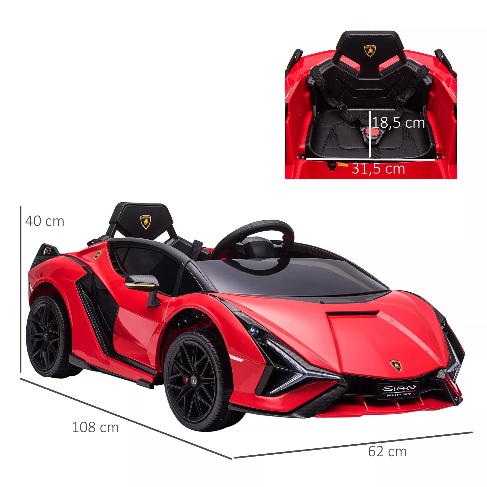 Vaikų transporto priemonė 12 V 2 važiavimo režimai Lamborghini SIAN SUV automobilio žaislas Elektrinis automobilis su nuotolinio valdymo pultu Muzika (MP3/USB) Apšvietimas 37–60 mėnesių Metalo Raudona 108 x 62 x 40 cm