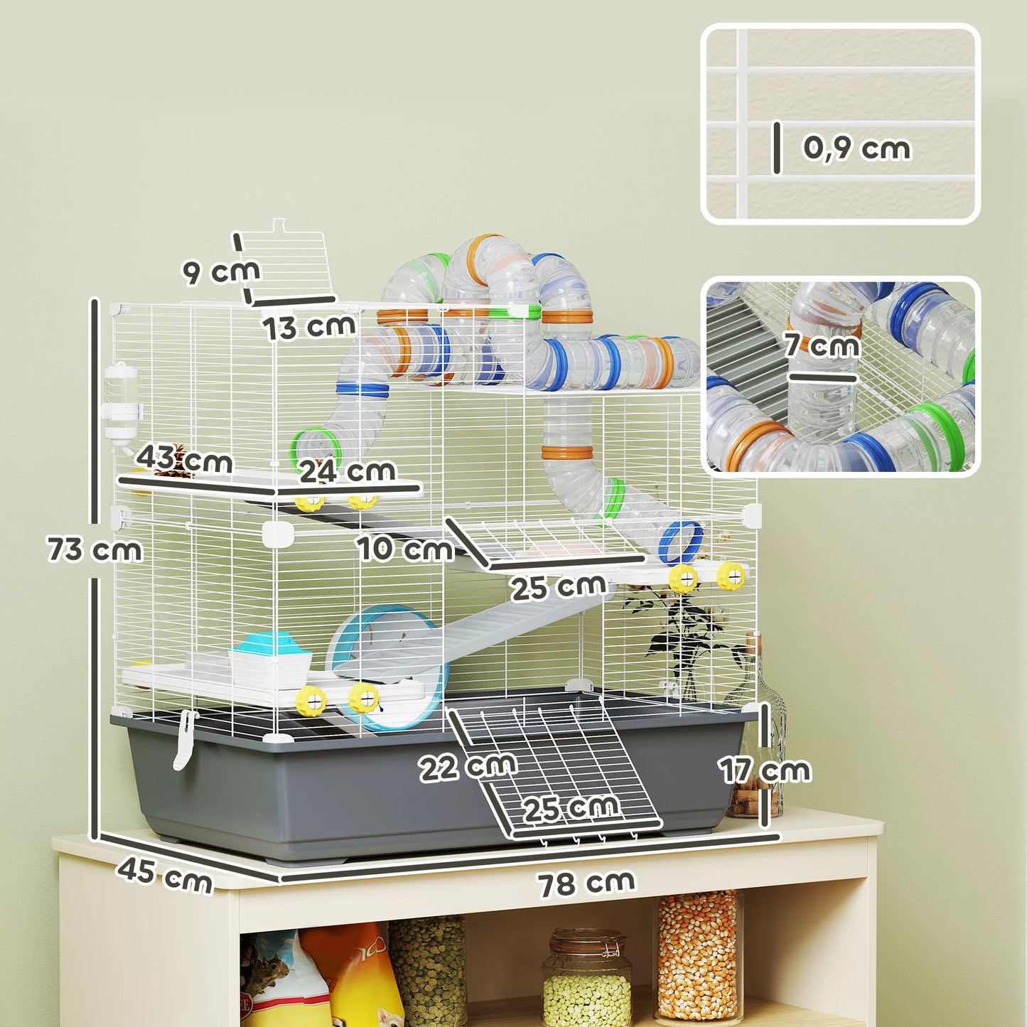 Nykštukinių žiurkėnų narvas, 4 lygiai, tunelių sistema, būdelė, aksesuarai, viršutinis atidarymas, 78 x 45 x 73 cm, Pilkas