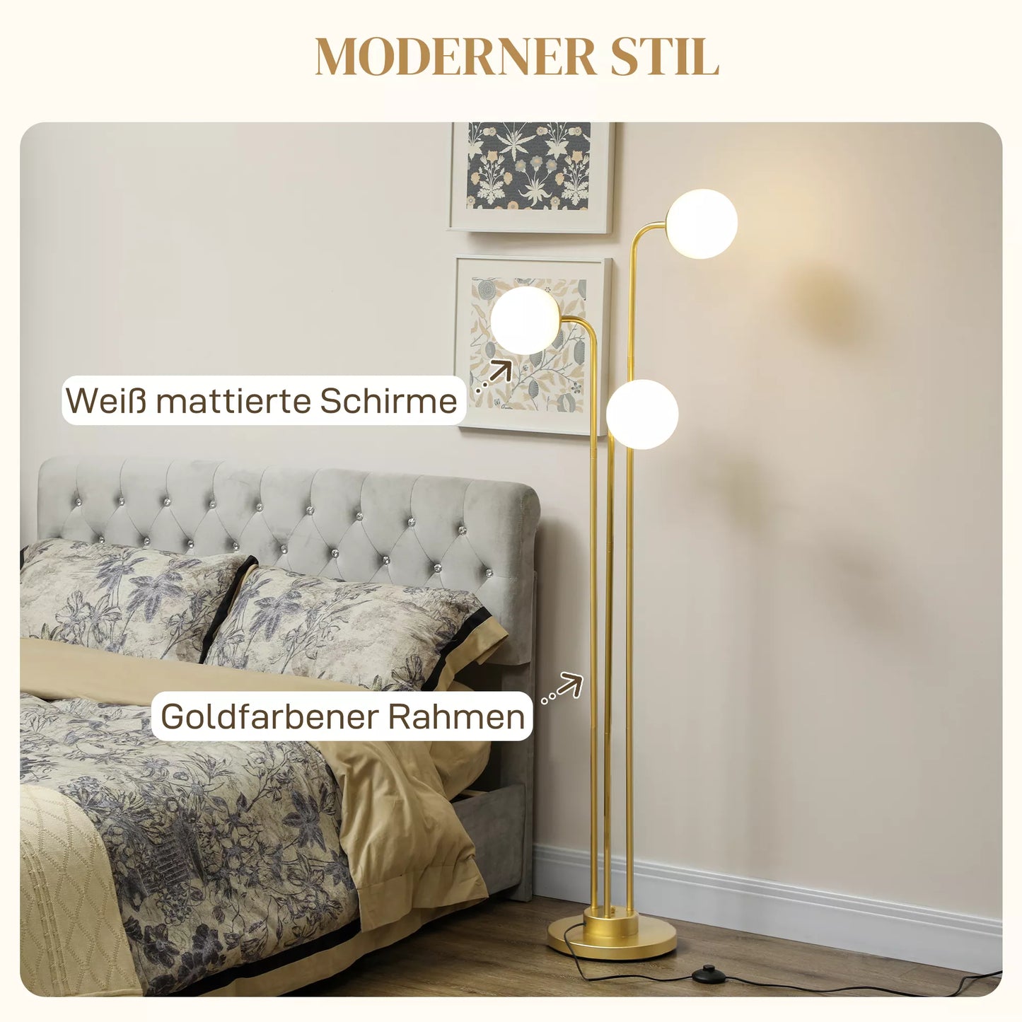 Moderni pastatoma lempa su 3 gaubteliais ir kojiniu jungikliu, tinkanti svetainei ir miegamajam, 3 x E27 cokoliai, aukso spalvos