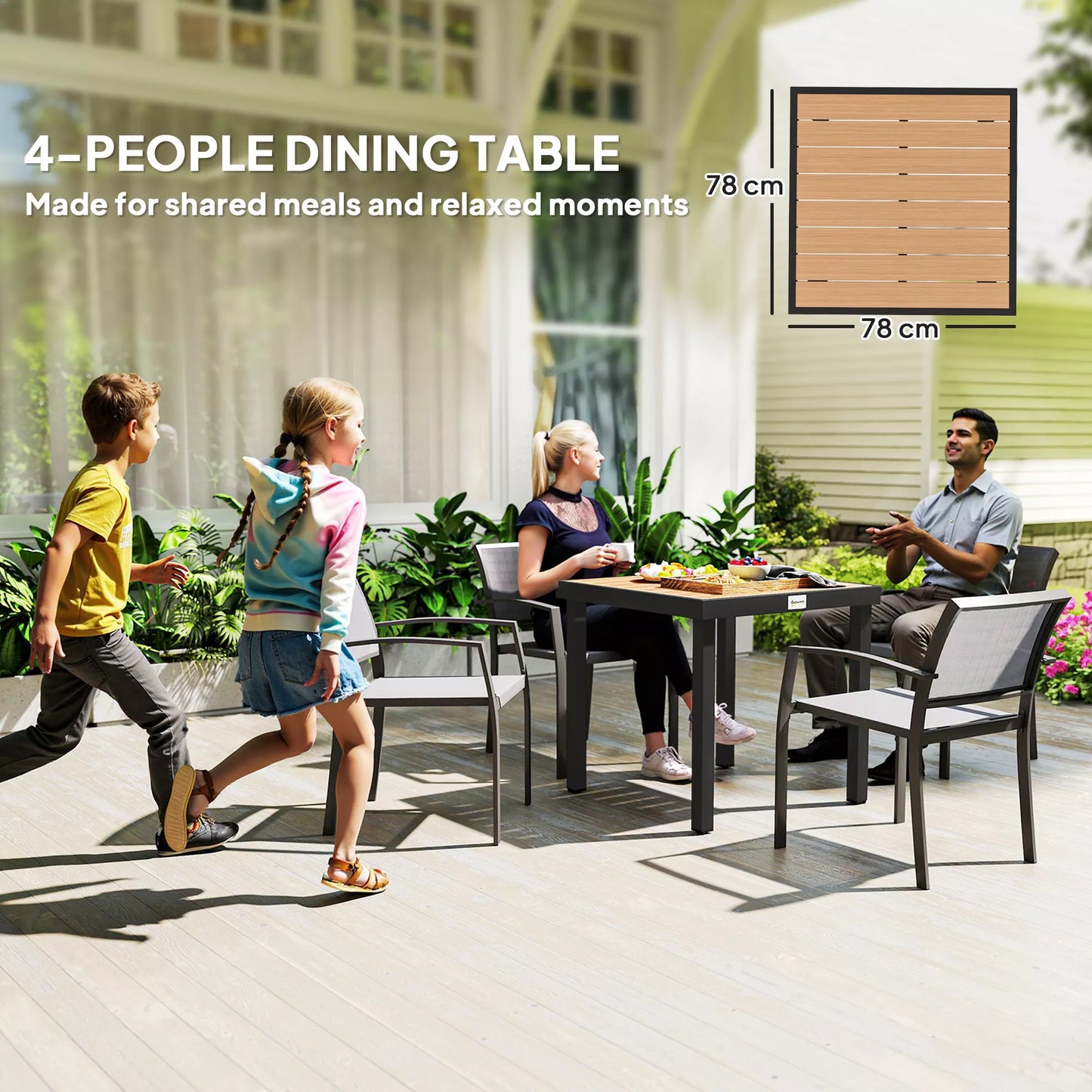 Sodo stalas iš plastiko 78 x 78 x 74 cm Atsparus atmosferos poveikiui aliuminio rėmas, bufetas Stalas 4 asmenims Balkono stalas Terasos stalas Lauko valgomojo stalas sodui, terasai, balkonui Juodas