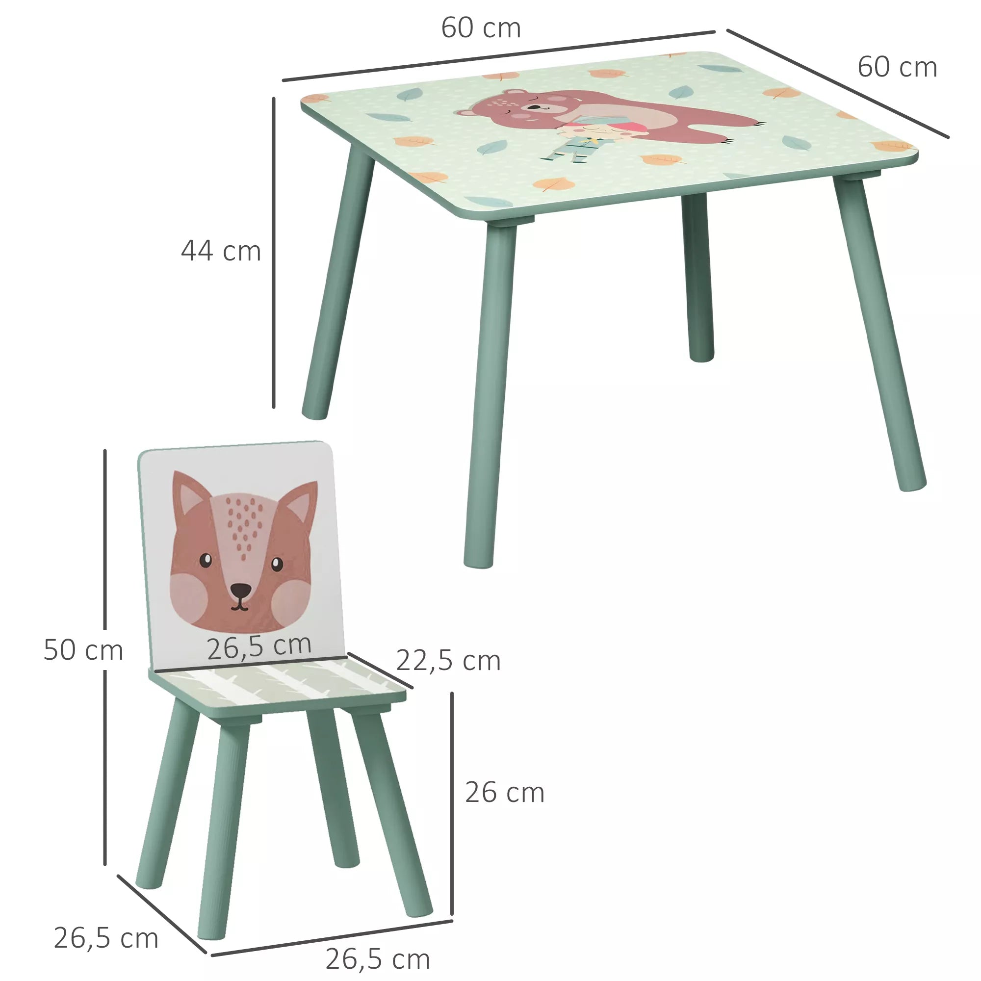 Sėdimoji grupė vaikams nuo 3 iki 8 metų, 1 stalas ir 2 kėdės, mielas gyvūnų motyvas, žalia spalva