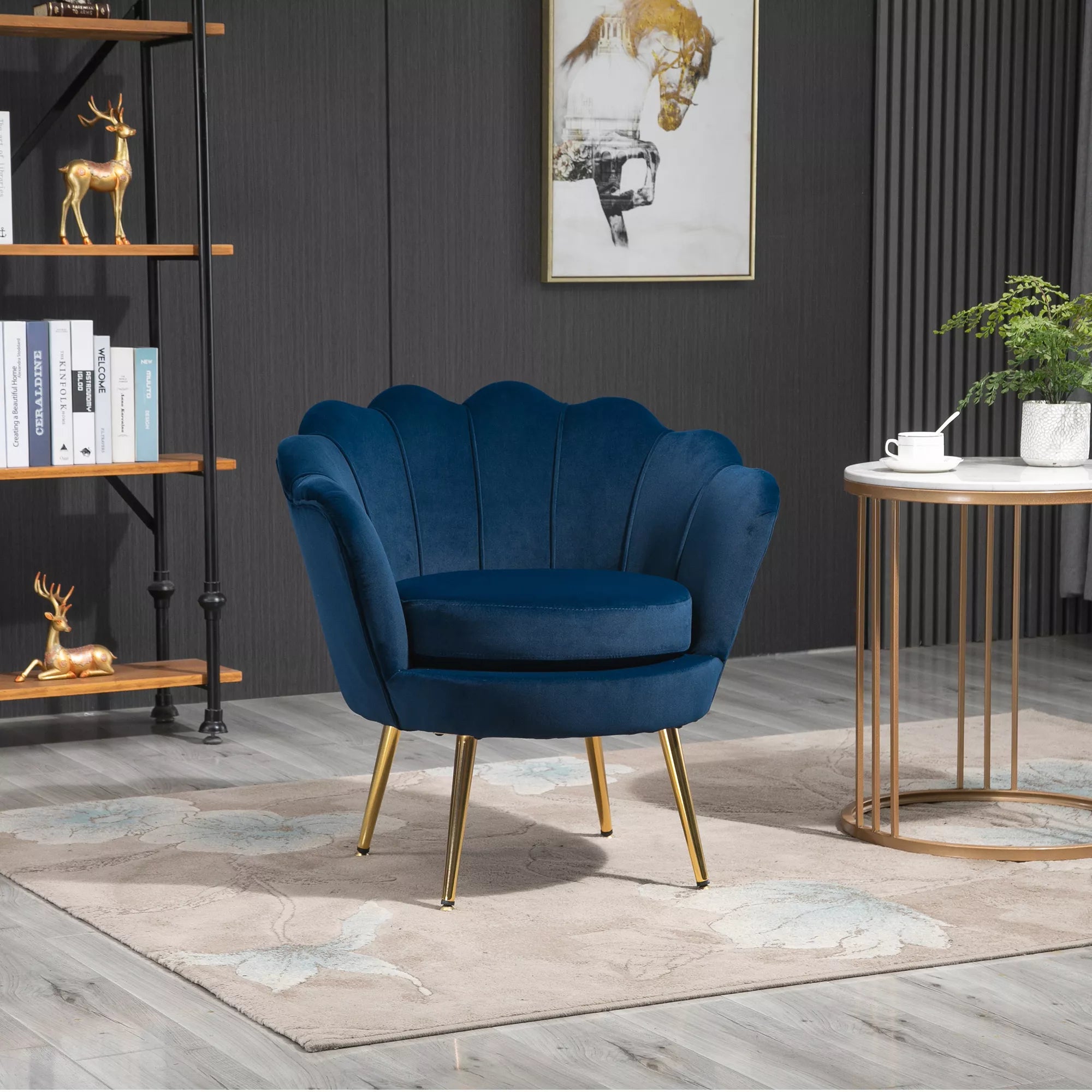 Mėlynas vintažinis lounge fotelis su aksomo išvaizda, metaliniu rėmu, 76 x 67 x 74 cm