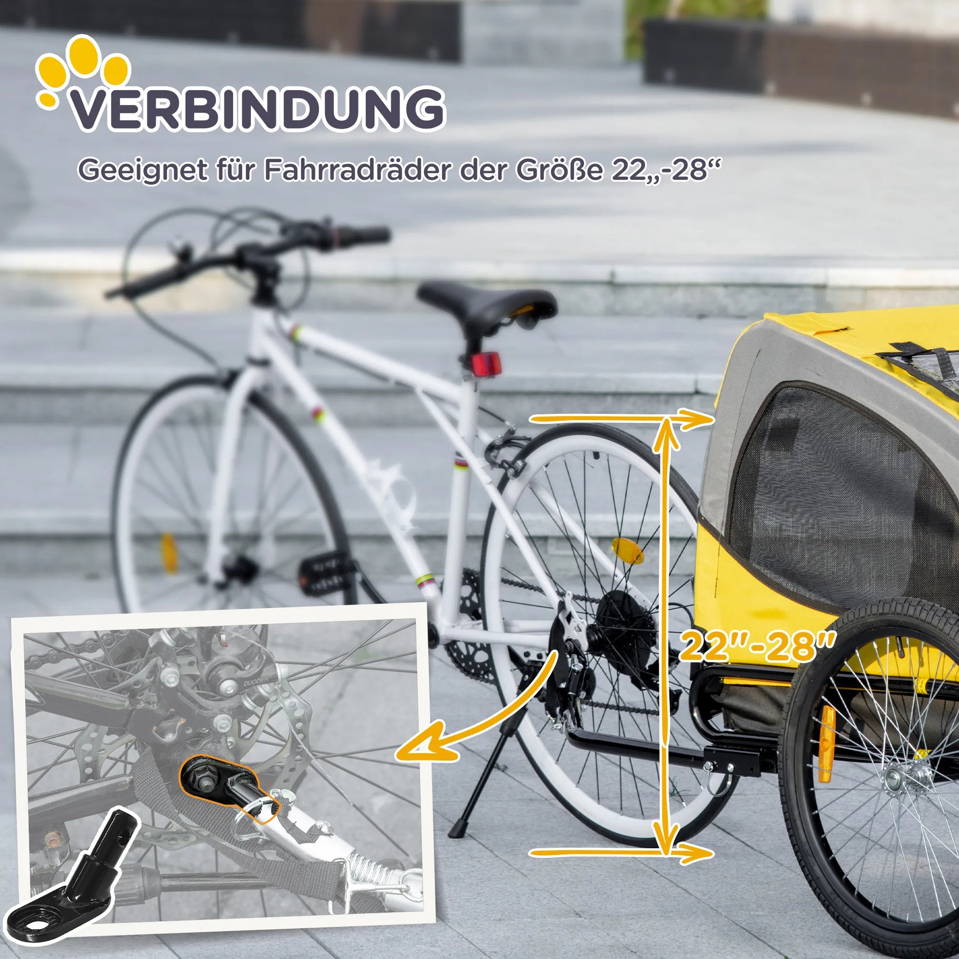 Šunų priekaba iki 20 kg, tinklelio langas, atlenkiama danga, universali jungtis, plieninis rėmas, geltona 140 x 71 x 83 cm