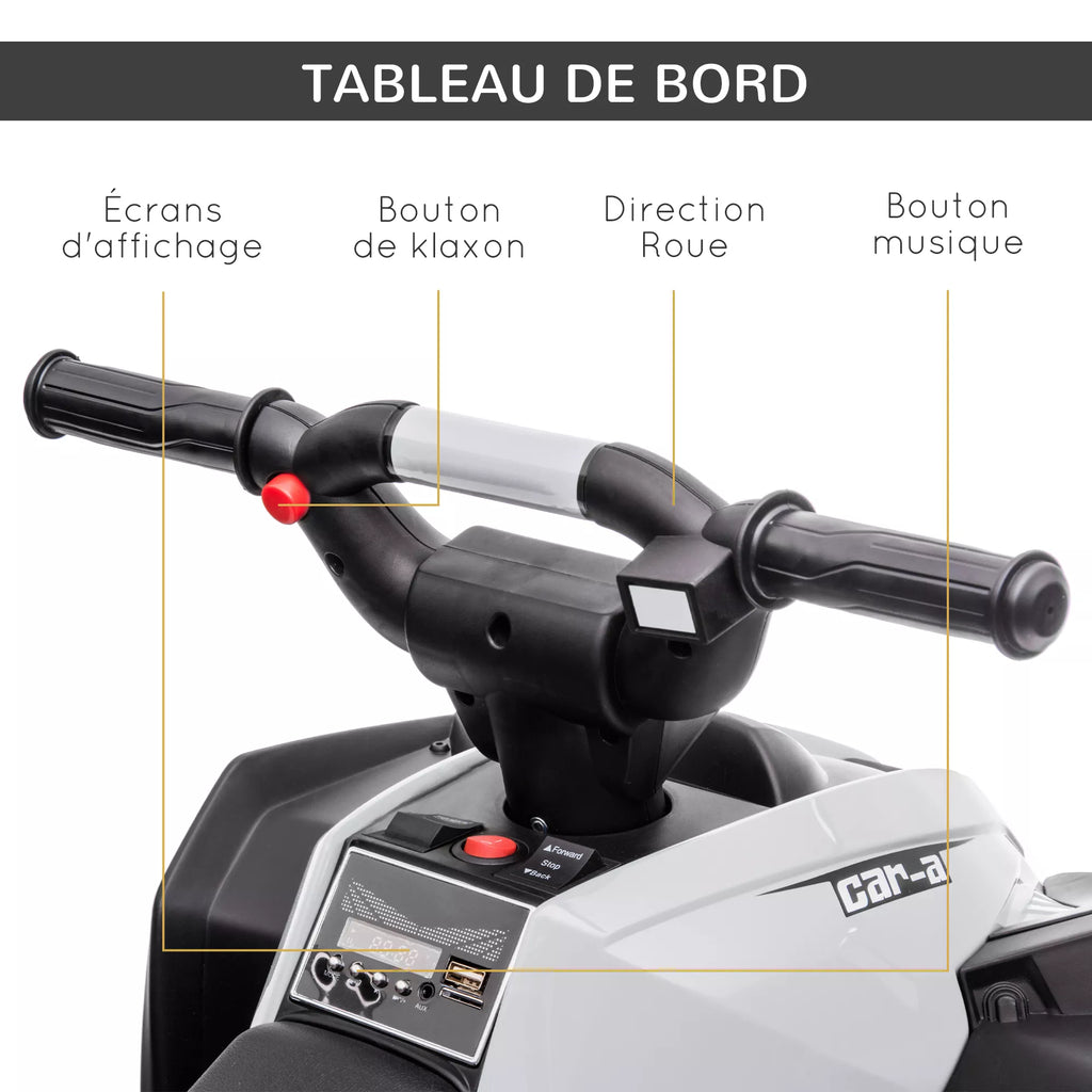 Infografika: baltas keturratokas su funkcijomis – patogūs rankenai, pėdų pedalai, LED žibintai