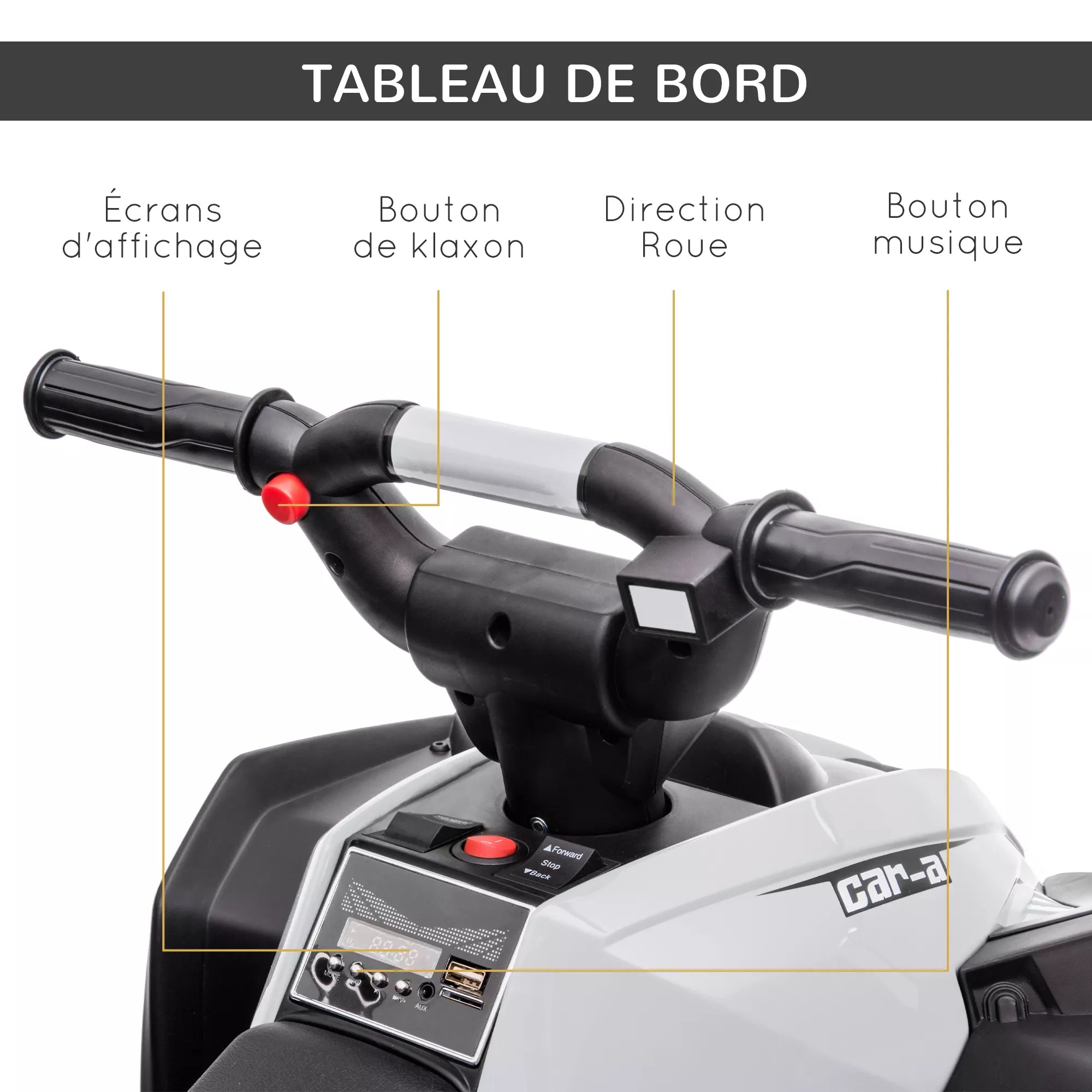 Infografika: baltas keturratokas su funkcijomis – patogūs rankenai, pėdų pedalai, LED žibintai