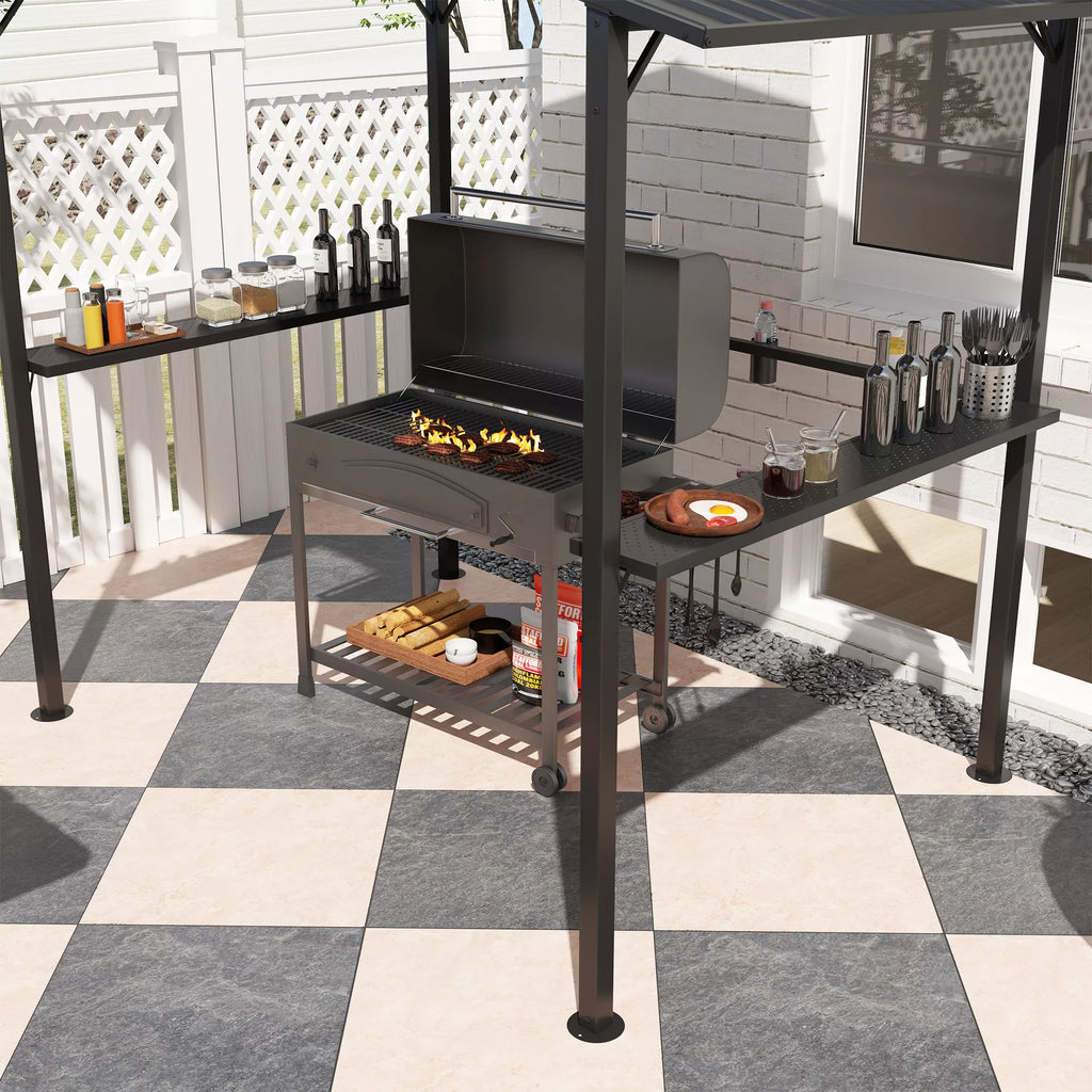 Grillpavillon 250 x 160 x 250 cm vandeniui atsparus sodo paviljonas su dvigubu stogu, šoninėmis lentynomis Juodas