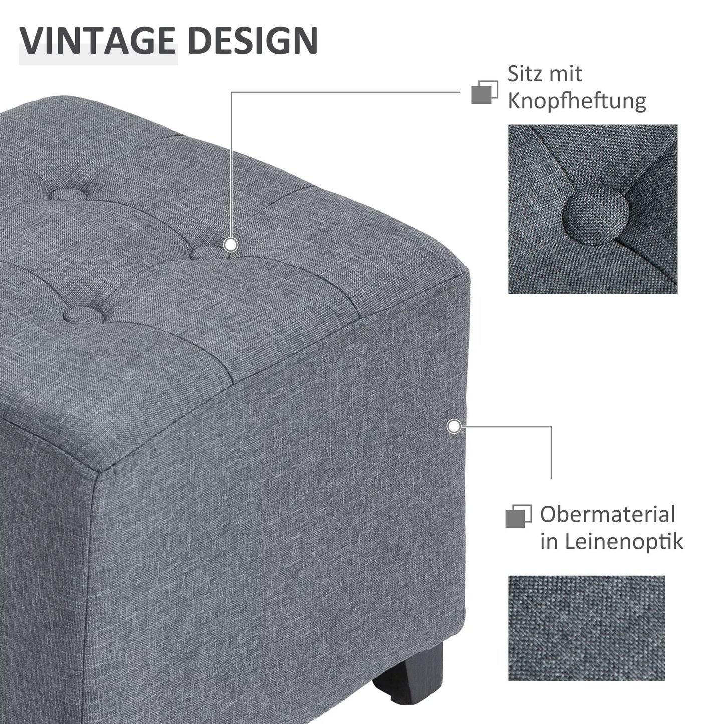 Sėdimoji taburetė, sagtimis apsiūta, lino išvaizda, 35 cm x 35 cm x 35 cm, Pilka