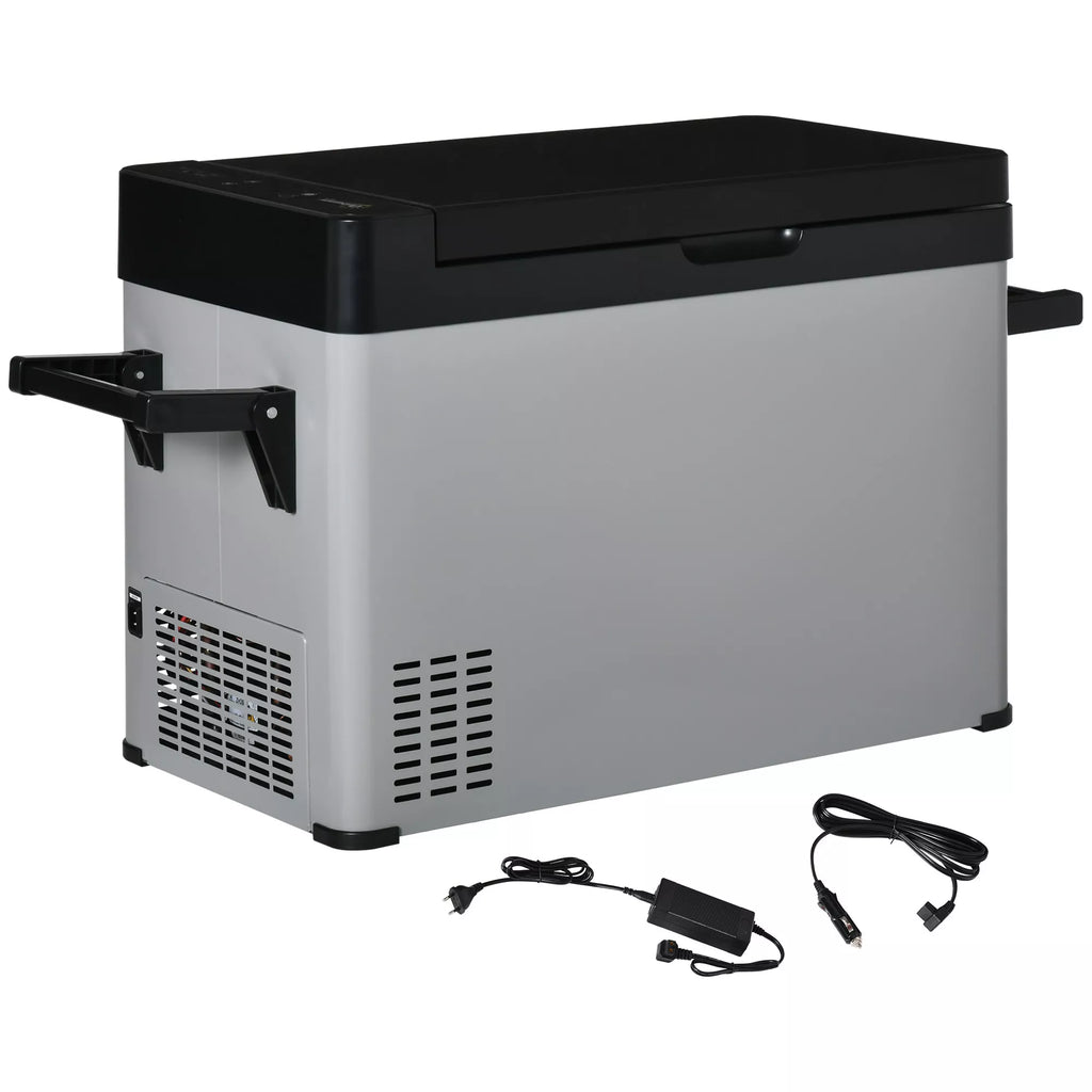 50 l automobilinis šaldytuvas su LCD ekranu, 2 režimais, kompresoriumi, rankenomis, tinka laivams, kemperiams, kelionėms, 12/24 V DC ir 110–240 V AC, pilkos ir juodos spalvos