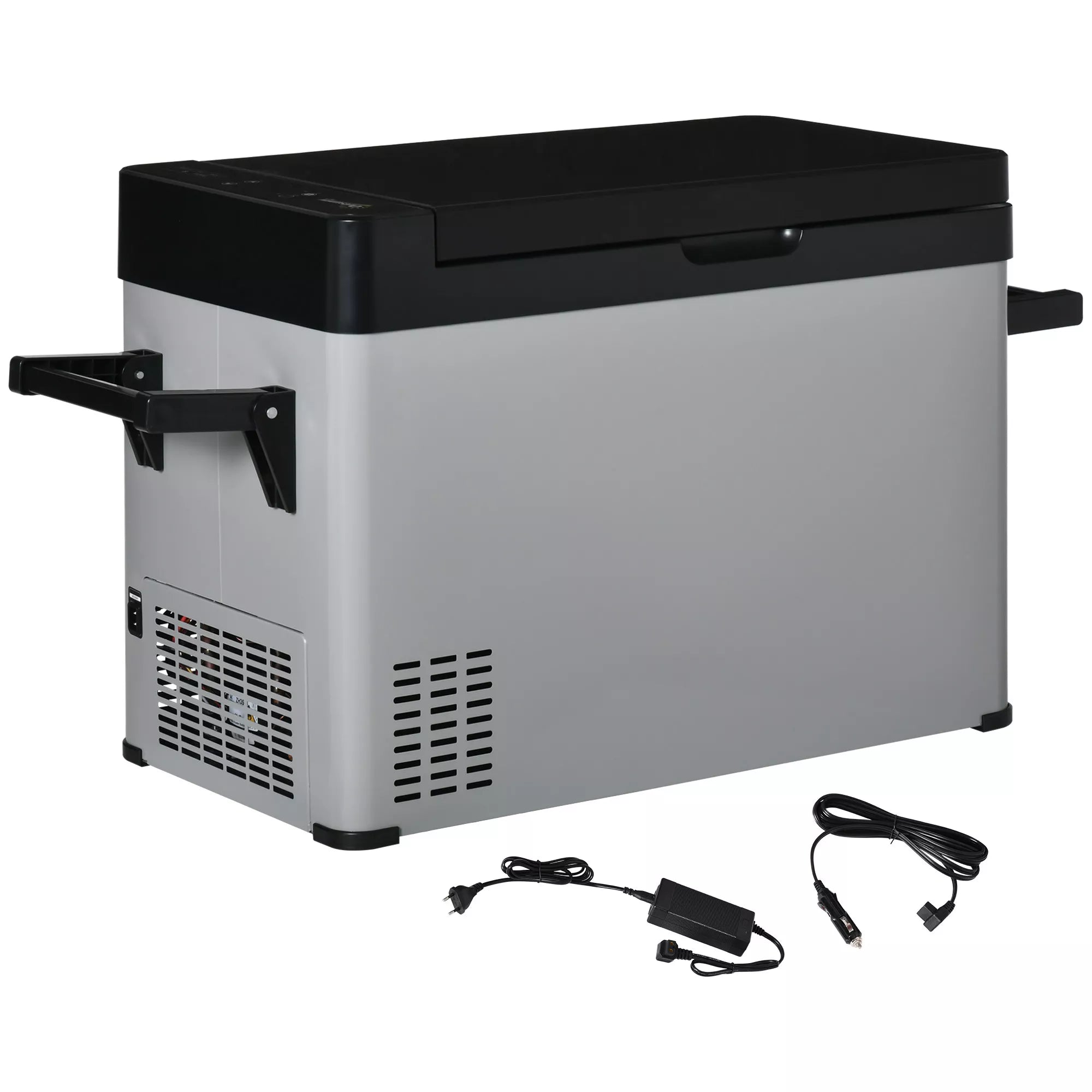 50 l automobilinis šaldytuvas su LCD ekranu, 2 režimais, kompresoriumi, rankenomis, tinka laivams, kemperiams, kelionėms, 12/24 V DC ir 110–240 V AC, pilkos ir juodos spalvos