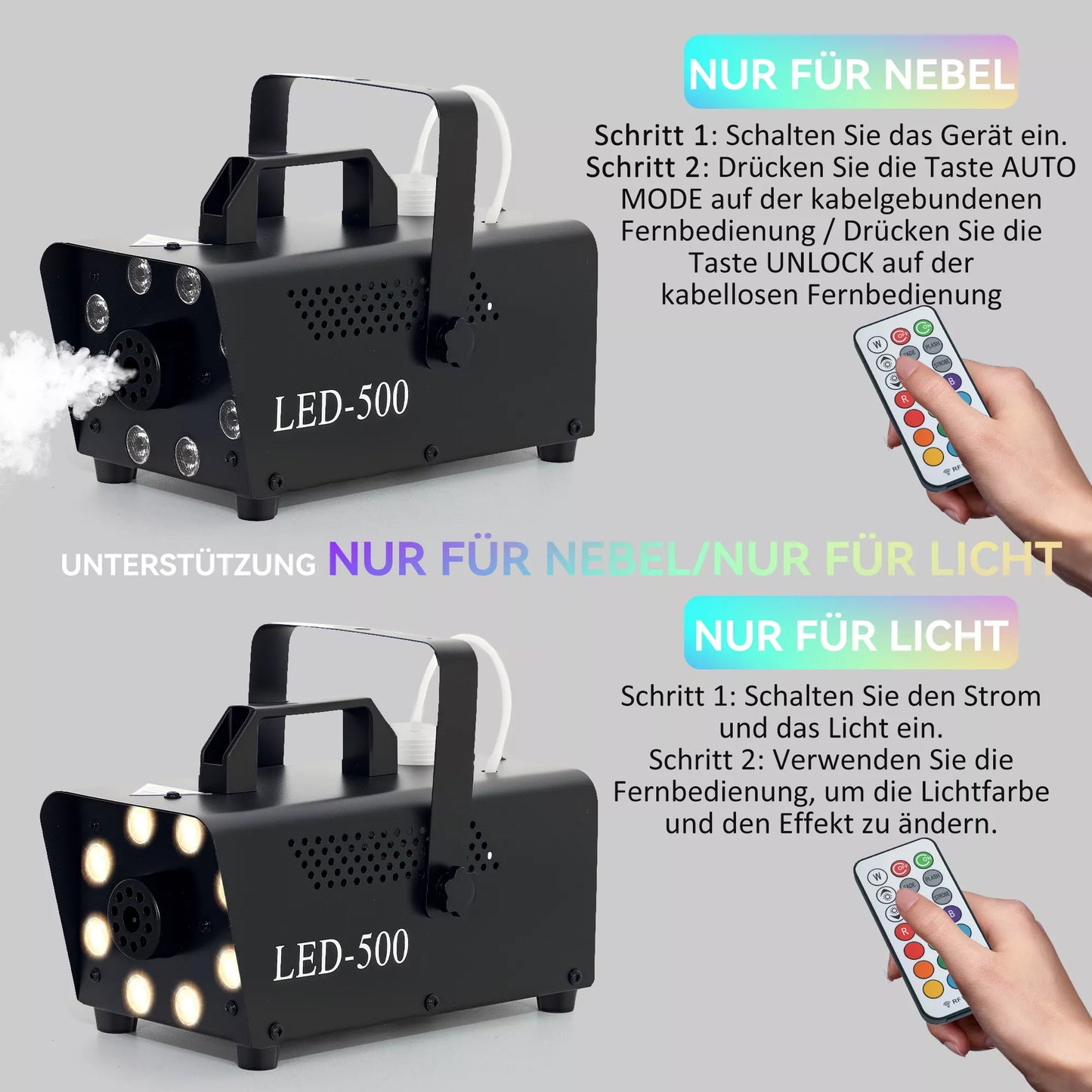 Dūmų mašina, nuotolinio valdymo pulteliai, šviesos efektai, pakabinamas, juodas