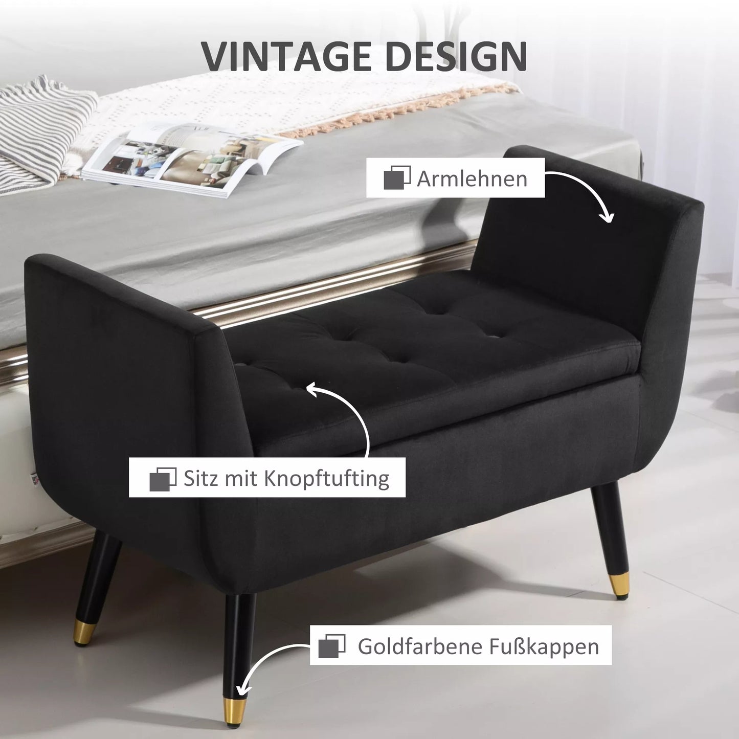 Sėdynė su daiktadėže ir porankiais, skrynios tipo suolas, aksominis poliesteris, guminės medienos, tamsiai pilka, 107 x 42 x 65 cm