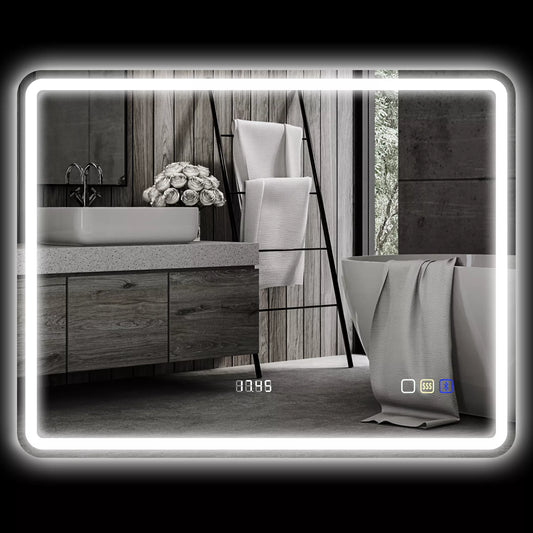 Veidrodis voniai su LED apšvietimu, apsauga nuo rasojimo, 3 reguliuojamomis spalvomis, laikrodžiu, 700 x 900 mm, sidabrinės spalvos