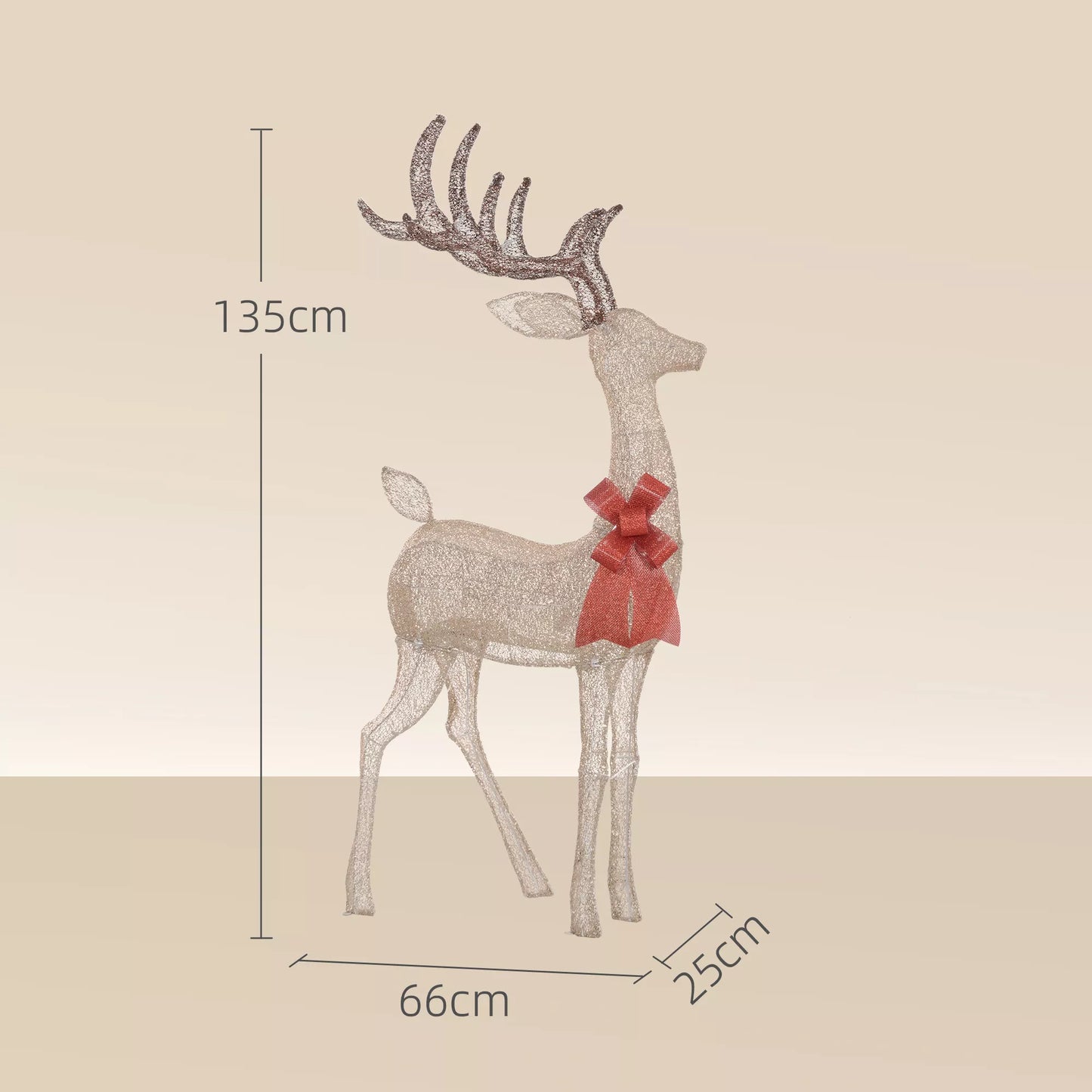 Elnias su raudonu kaspinėliu, 137 LED lemputės, kalėdinė puošmena, atspari oro sąlygoms, 66 x 25 x 135 cm, auksinė