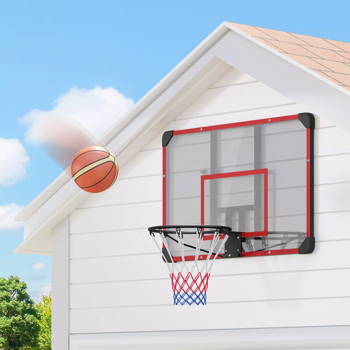 Krepšinio lankas sienai montuoti, lauke/viduje, tvirta PC galinė plokštė, nailoninis tinklas, plieninis lankas, 113x61x73 cm