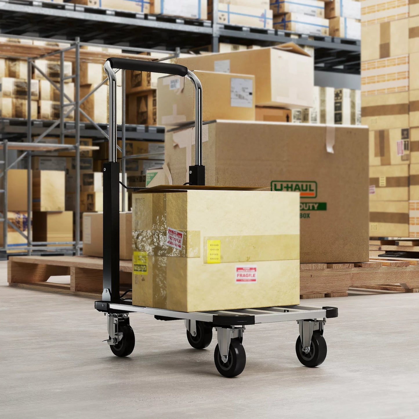 Sulankstomas rankinis vežimėlis, 150 kg apkrova, išplečiamas paviršius, aukščio reguliuojama rankena, skirtas dėžėms, metalas, juodas