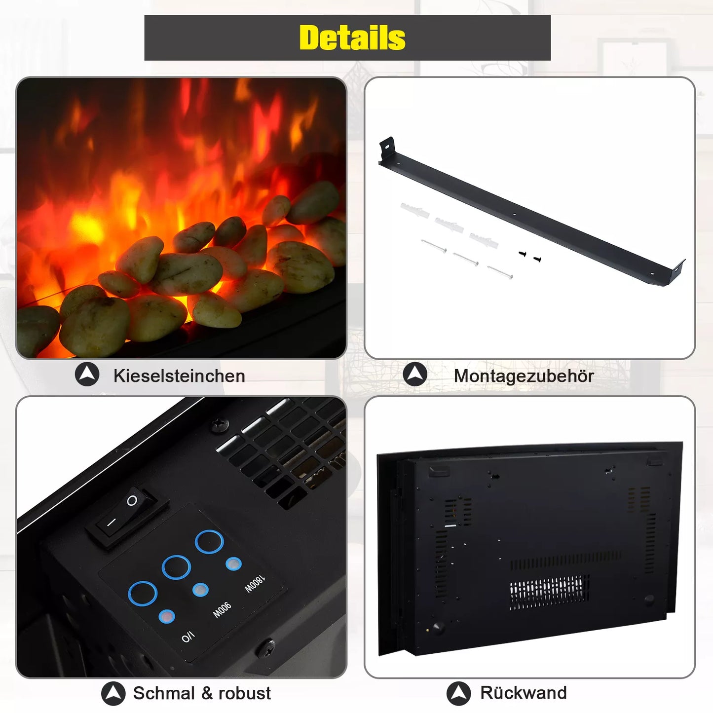 HOMCOM Elektrinis židinys su šildymu, elektrinis židinys su 3D liepsnos efektu, 7 liepsnos spalvos, 900/1800 W, sieninis židinys su laikmačiu, dekoratyvinis židinys su nuotolinio valdymo pultu, juodas, 65 cm