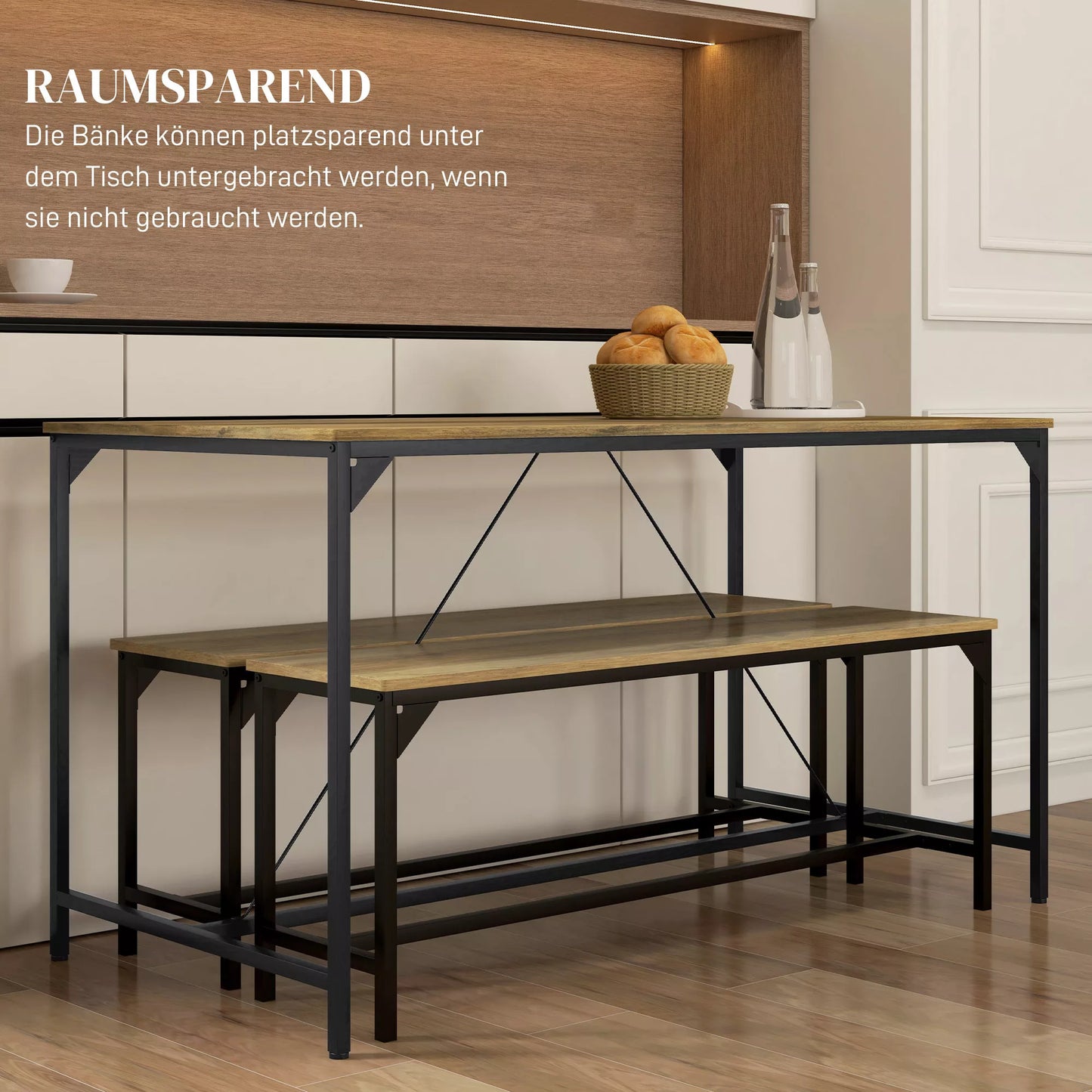 Valgomojo baldų komplektas, Stalas ir 2 suolai, Industrialinis dizainas, Plieno rėmas, Medžio imitacija/Juoda