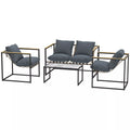 4 dalių sodo baldų komplektas, lauko baldų komplektas, 2 foteliai, 2 vietų sofa, 1 stalas, paminkštinti, plienas, poliesteris, pilkos spalvos