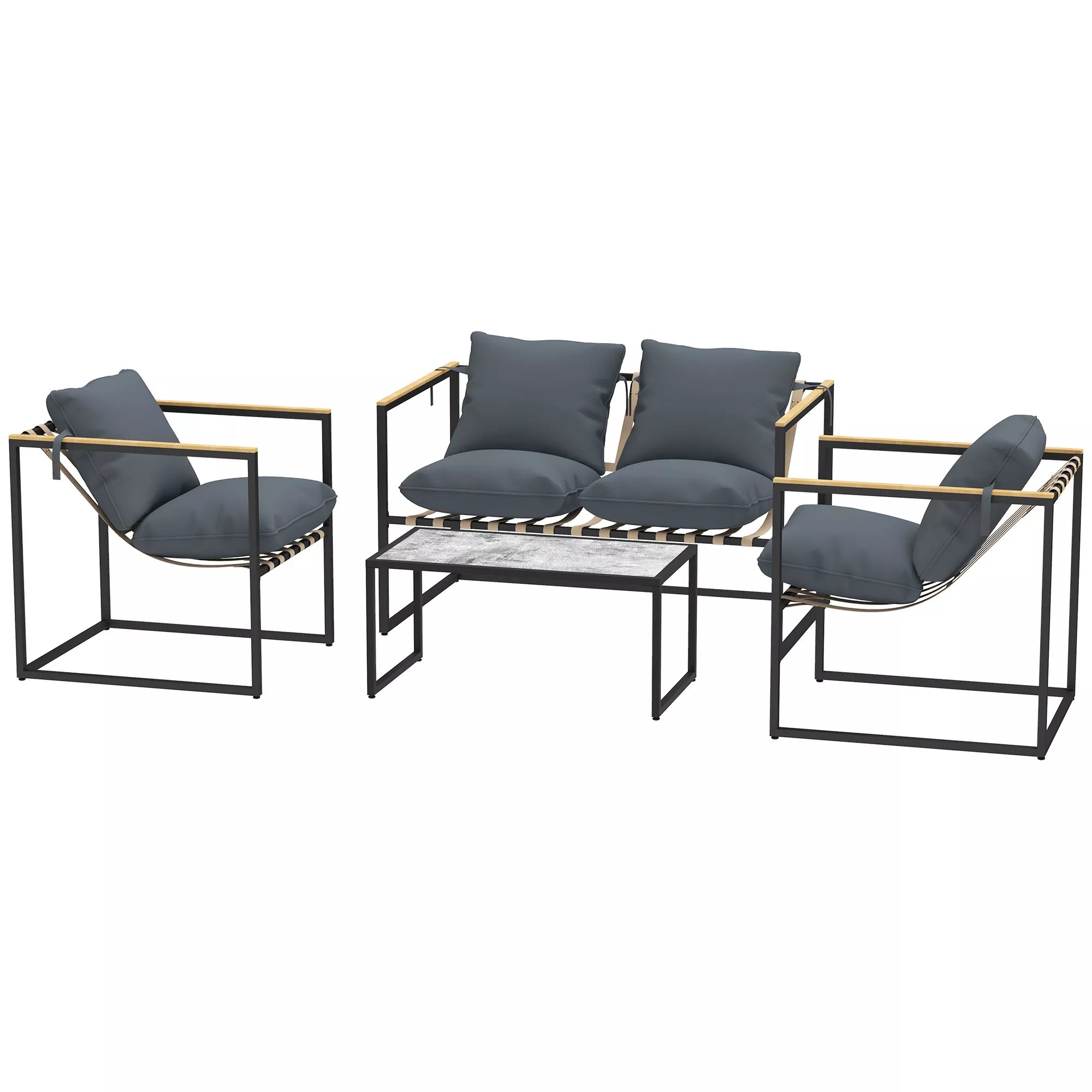 4 dalių sodo baldų komplektas, lauko baldų komplektas, 2 foteliai, 2 vietų sofa, 1 stalas, paminkštinti, plienas, poliesteris, pilkos spalvos