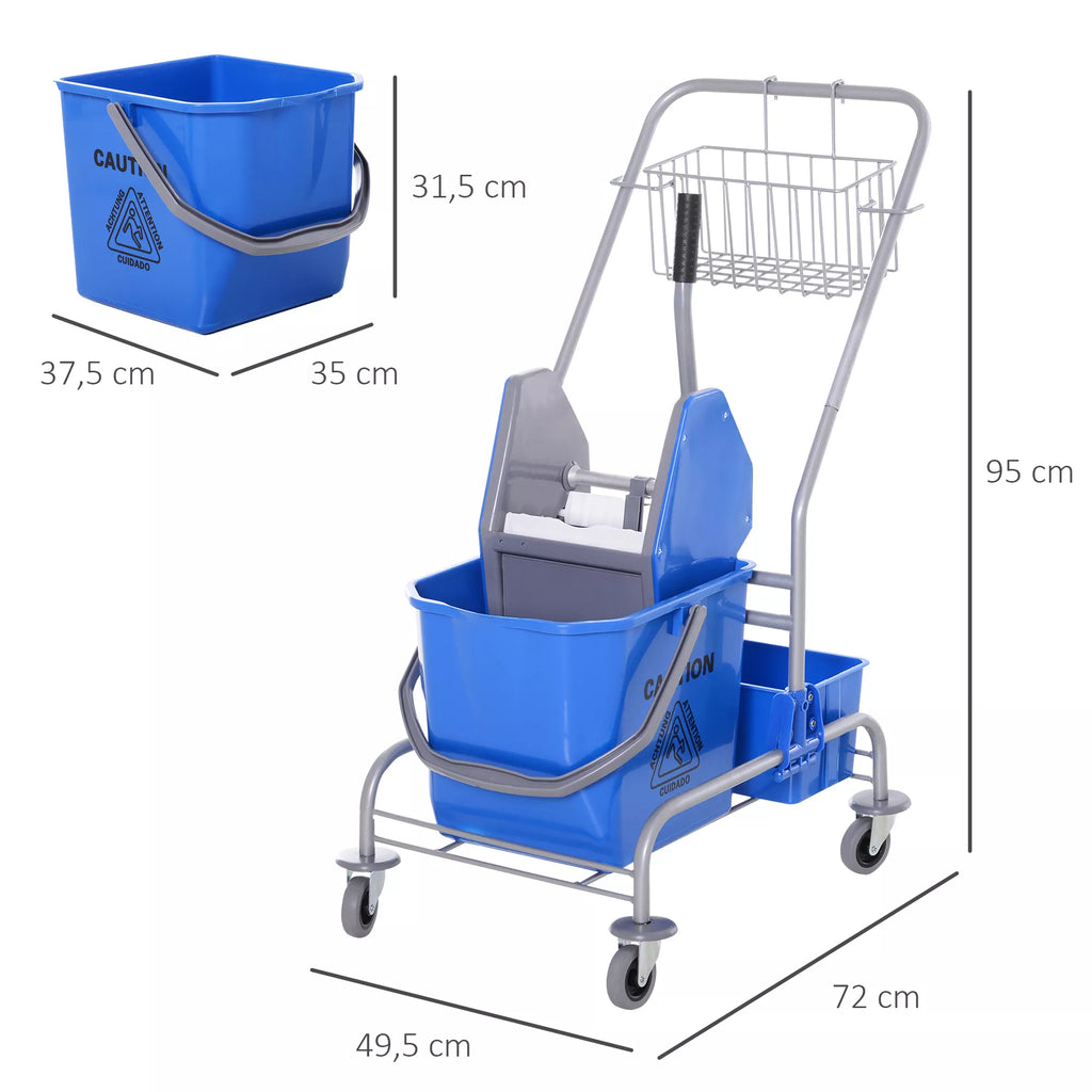 Valymo vežimėlis, šluotos vežimėlis, 25 l talpa, 4 ratai, plastikas, mėlynas
