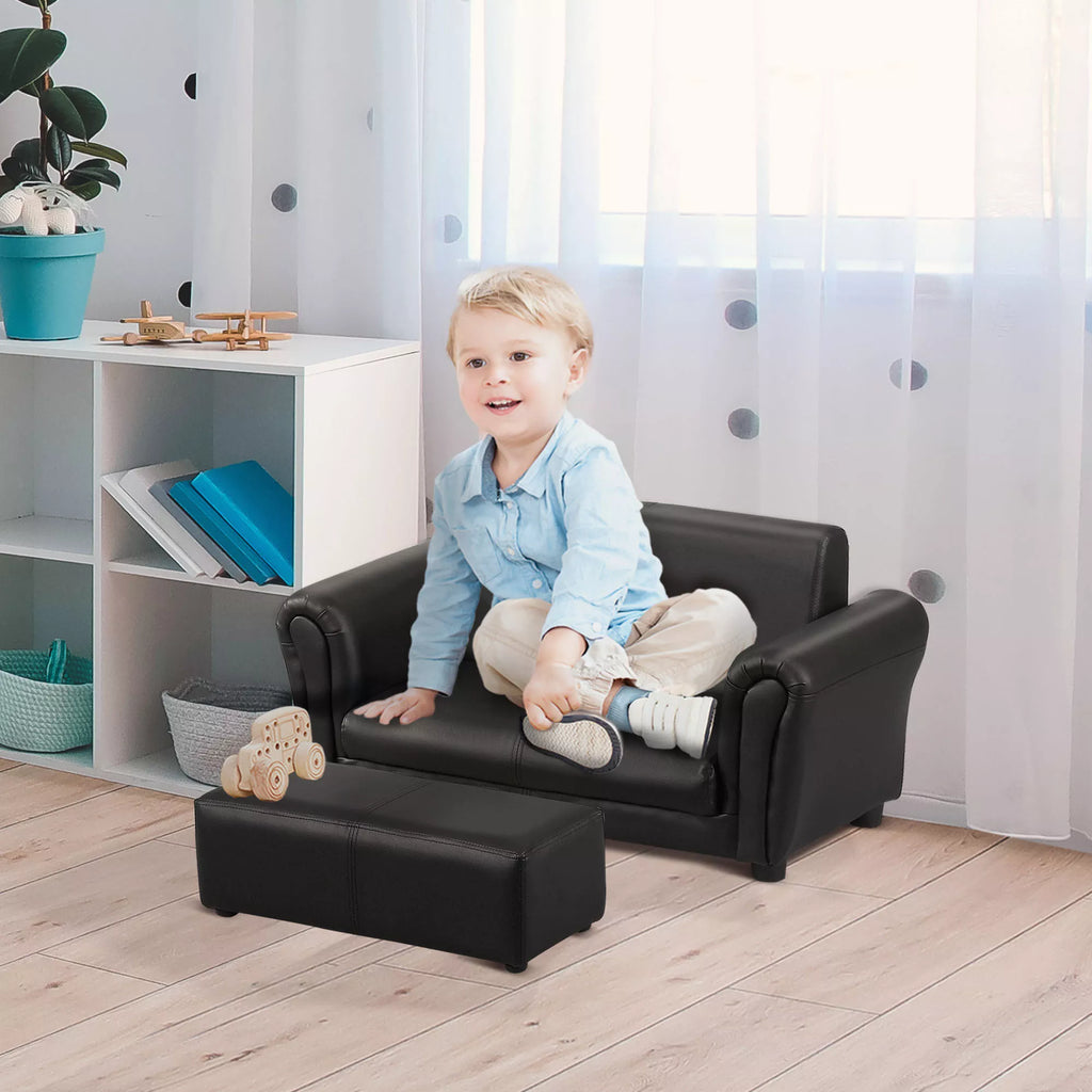 Vaikiškas fotelis su pufu, vaikiška sofa su taburete, vaikiška sofa, sofos fotelis, juodos spalvos, 83 x 42 x 41 cm