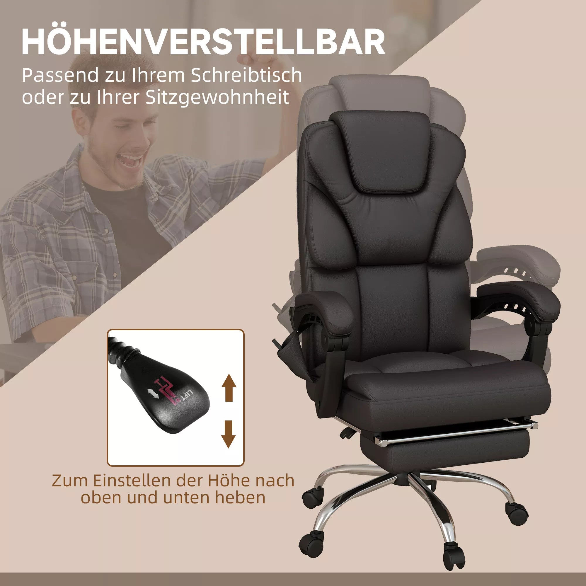 Biuro kėdė su masažo funkcija, ergonomiška, atlošiama, 63x57x118, ruda
