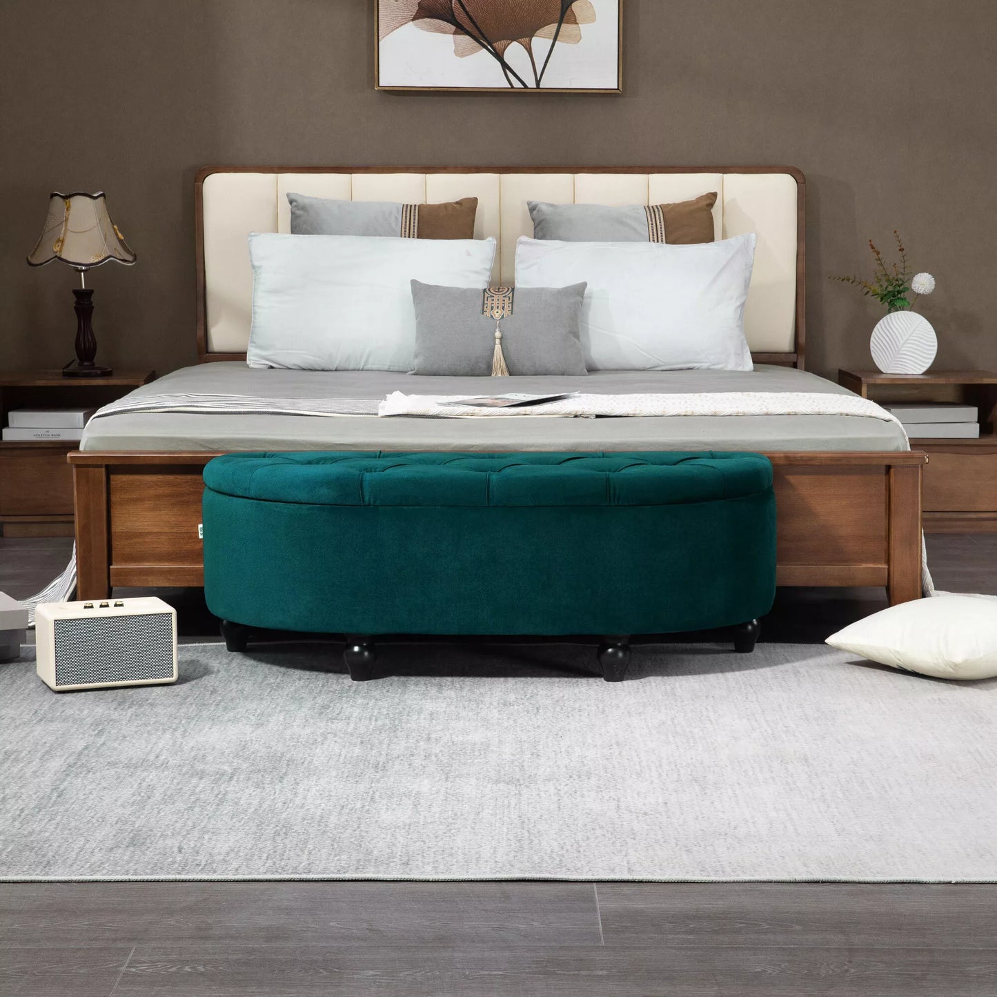 Pufas su daiktadėže, minkštas, lėtai užsidarantis dangtis, aksomo išvaizda, 120 x 46 x 42 cm, tamsiai pilkas