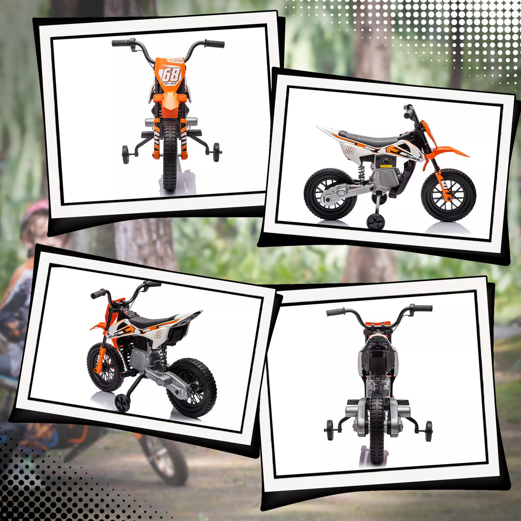 Oranžinio elektrinio motociklo vaizdai iš įvairių pusių