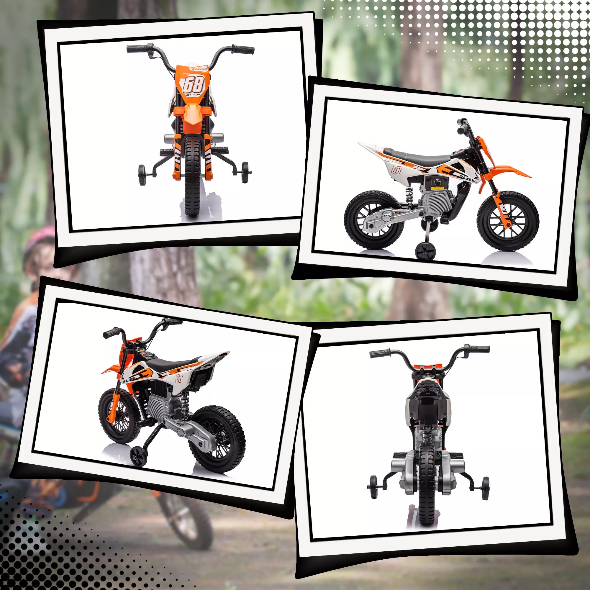 Oranžinio elektrinio motociklo vaizdai iš įvairių pusių