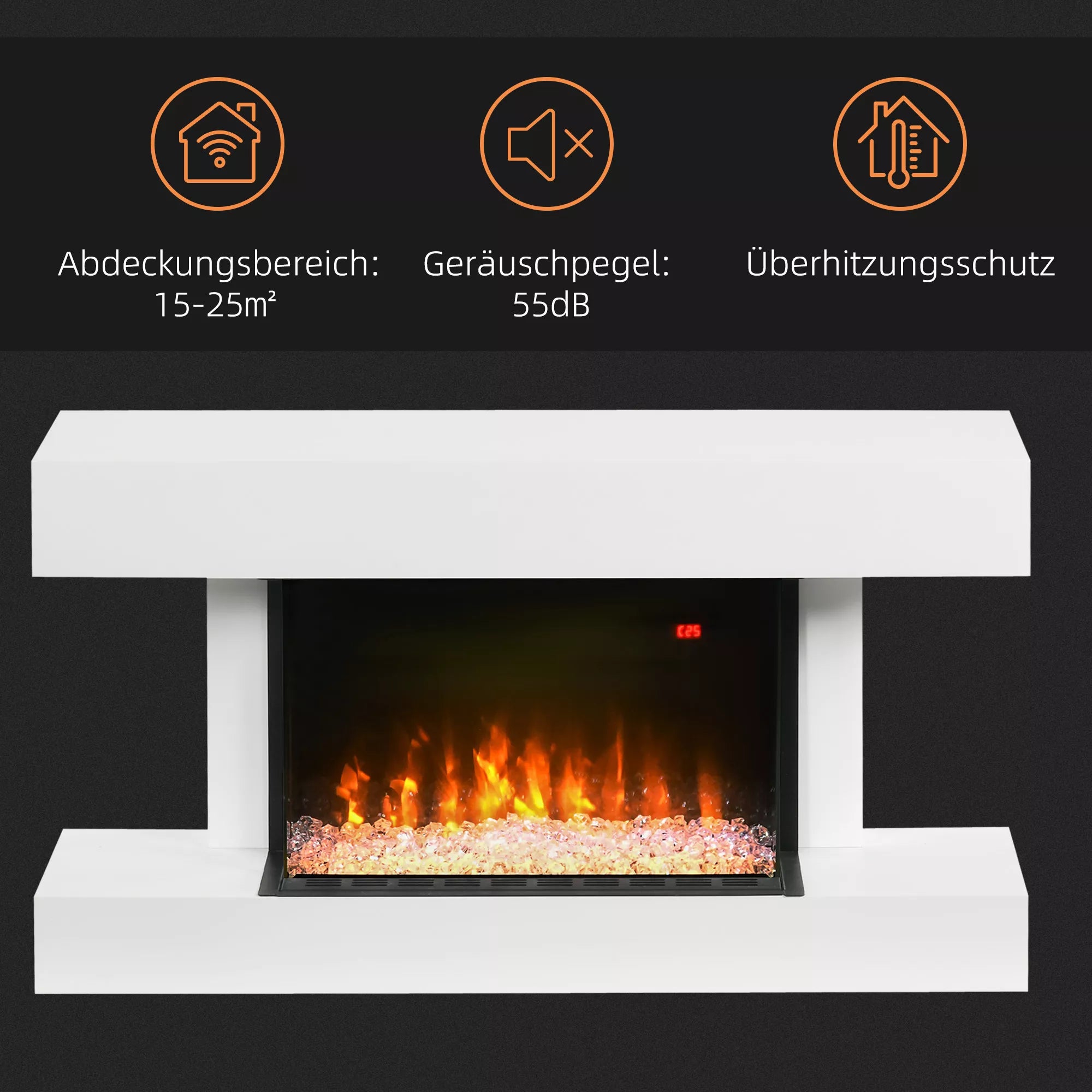 Elektrinis židinys, sieninis židinys su 2000 W šildymu, LED 3D liepsnos efektas, kristalai, 11 spalvų su 3 ryškumo lygiais, elektrinis židinys su nuotolinio valdymo pultu, laikmatis, sieninis montavimas, baltas