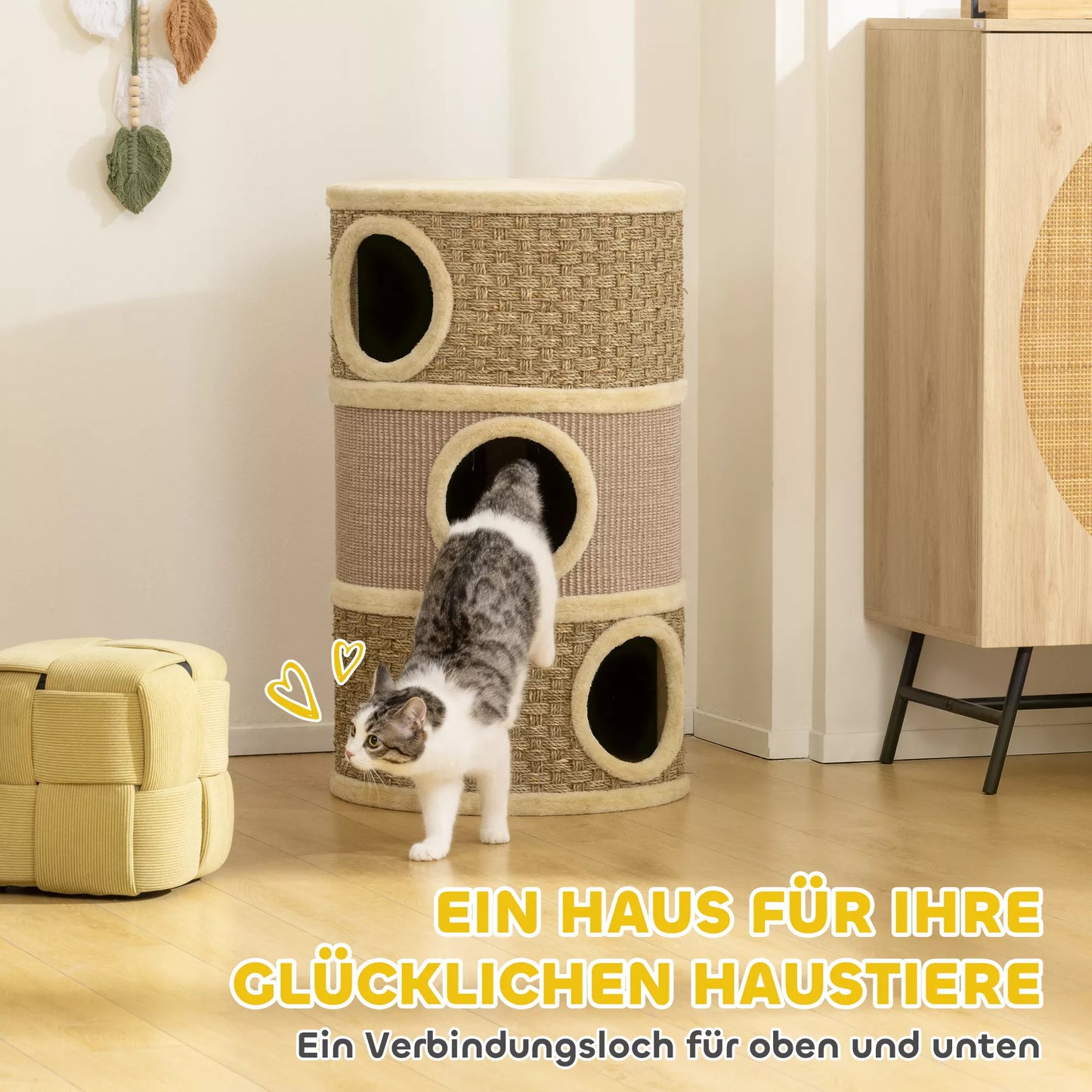 Katės draskyklė, 79 cm aukščio, Ø45 cm, trijų aukštų katės namelis su sizalio virve, katės urvelis, didelėms katėms, Chaki+Ruda