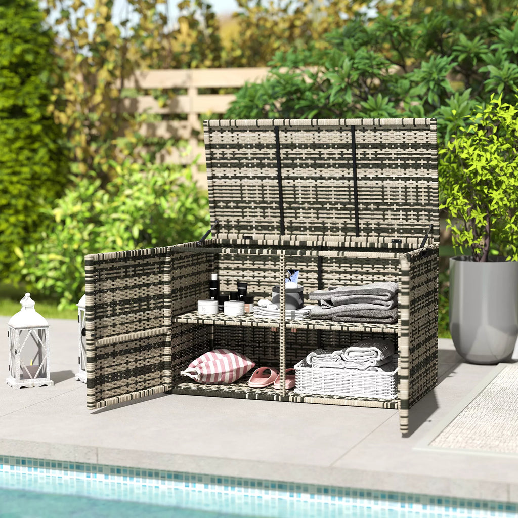 Rattan laikymo dėžė 350L 2-lygių pagalvėlių dėžė su dangčiu, kėlimo rankenomis, nešimo rankenomis 118 x 57 x 69 cm mišrios pilkos spalvos
