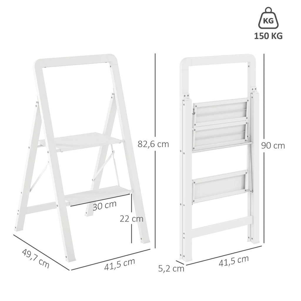 2 pakopų kopėčios, sulankstomos, iš aliuminio, neslidžios platformos, baltos spalvos