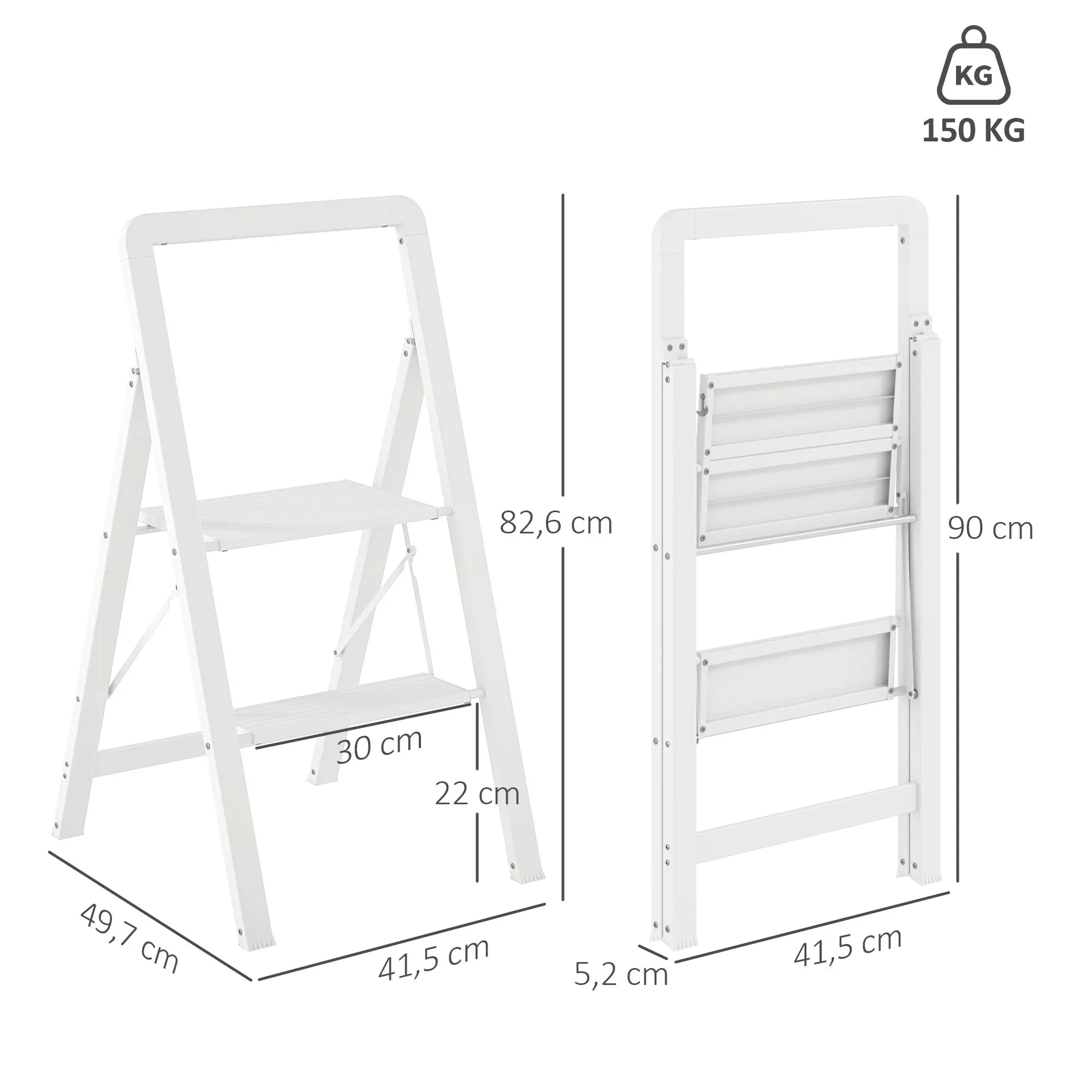 2 pakopų kopėčios, sulankstomos, iš aliuminio, neslidžios platformos, baltos spalvos