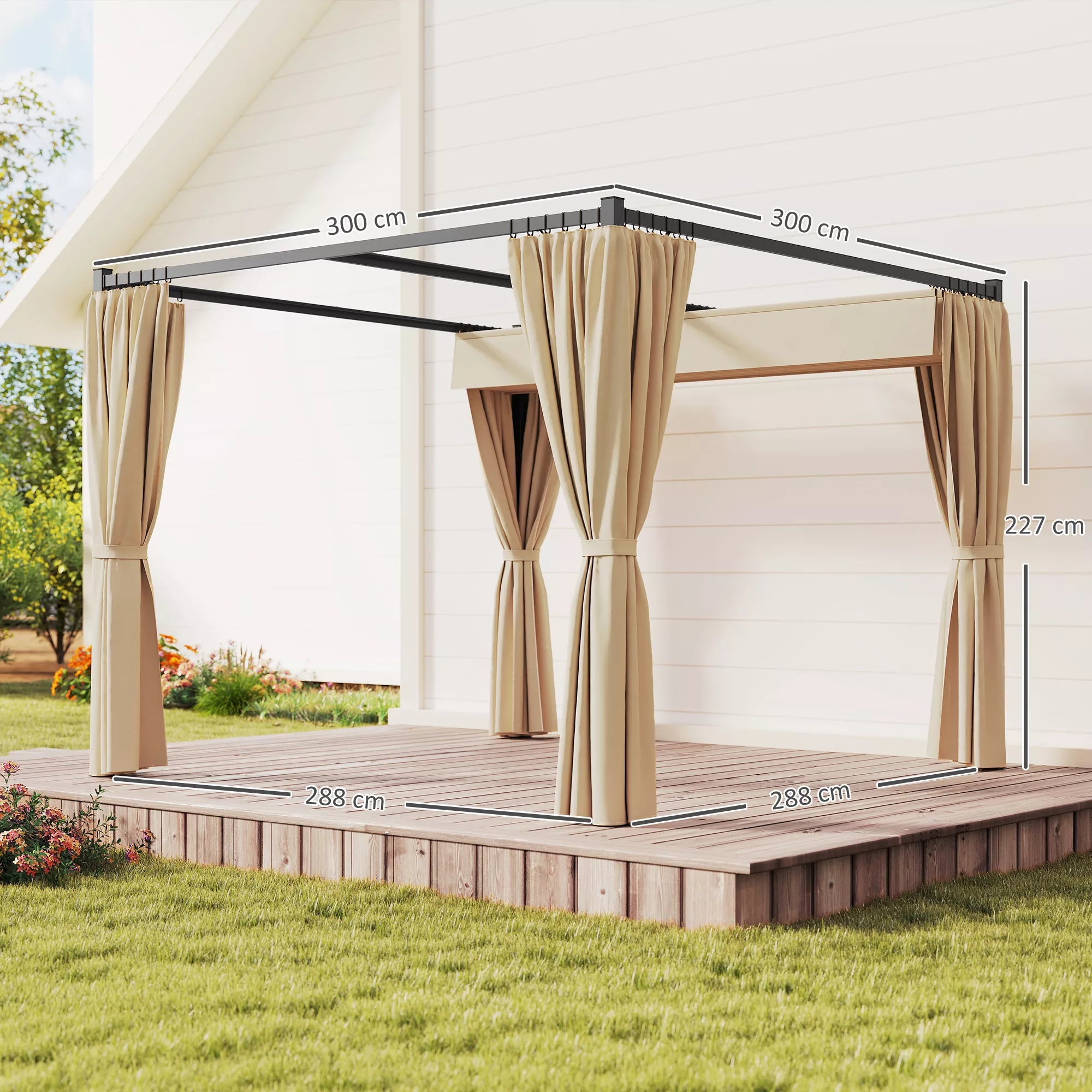 Pergola 3 x 3 m Atskirai stovinti terasos stogelė su stumdomu stogu, 4 šoninės sienos, atspari UV spinduliams, smėlio spalvos