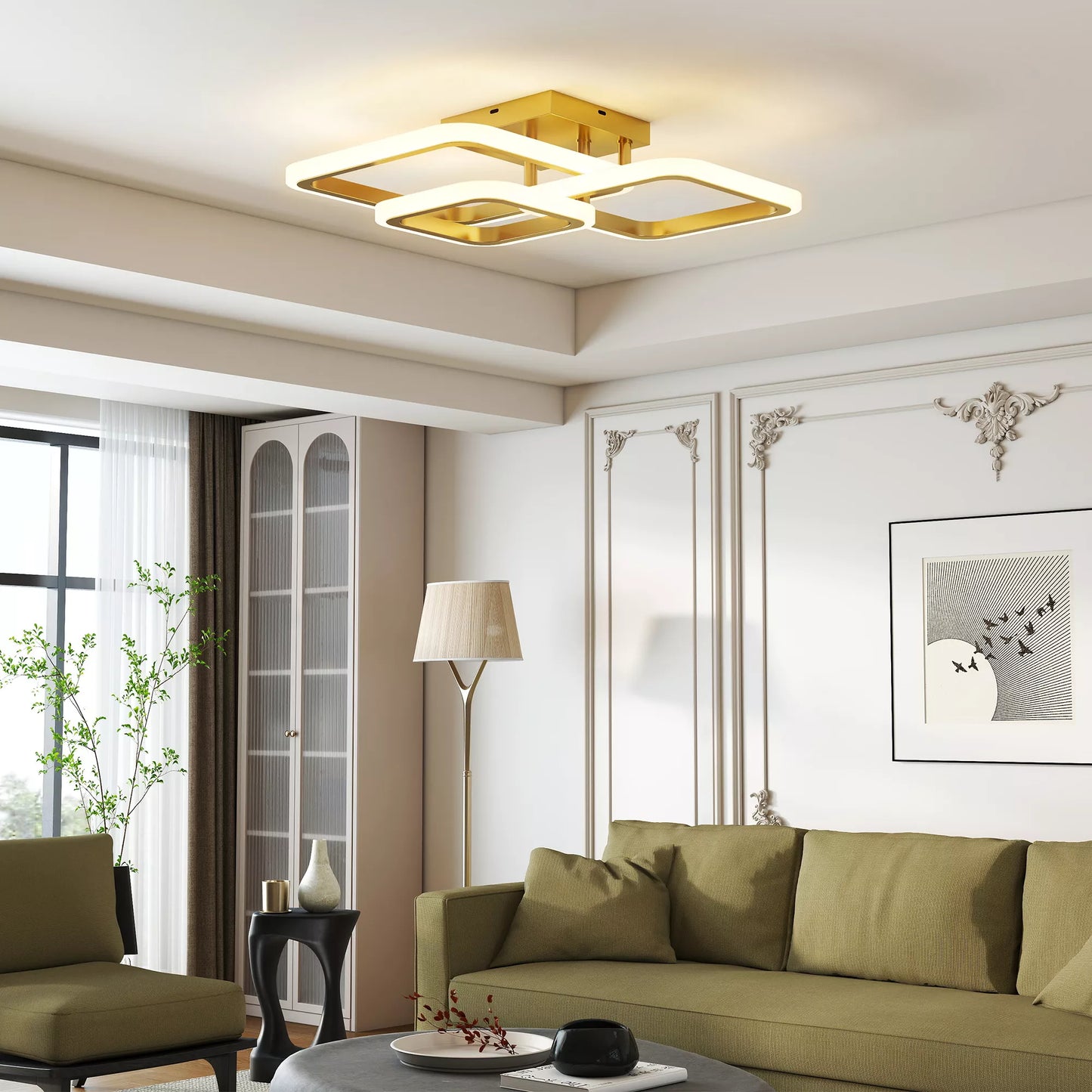 LED lubų šviestuvas 40W 4300LM 3500K/4500K/6000K, 3-kampė lubinė lempa svetainei, 48 x 46 x 13 cm, aukso spalvos