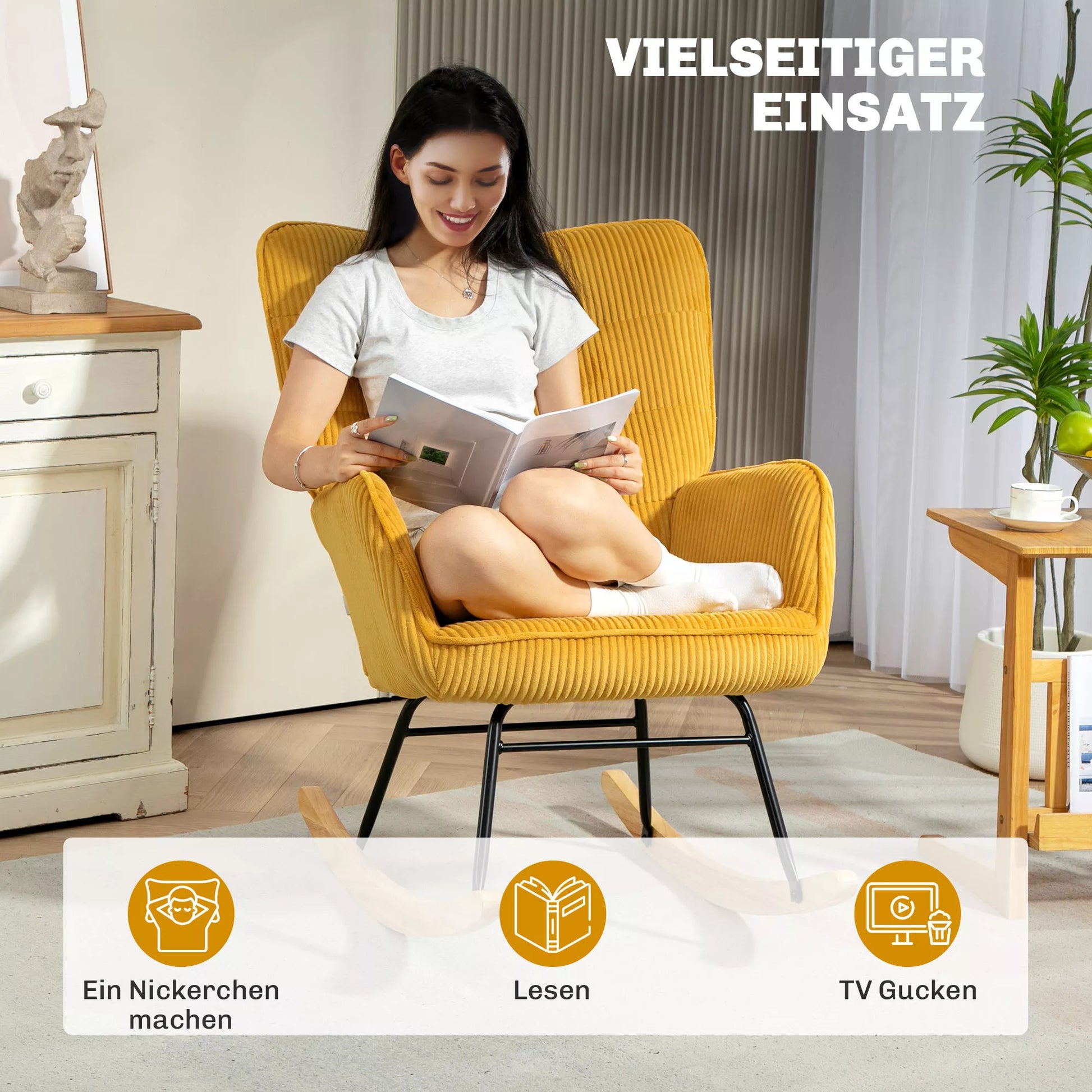 Vintažinis supamasis krėslas, išlenkti bėgeliai, storas paminkštinimas, buko mediena ir plienas, geltonas