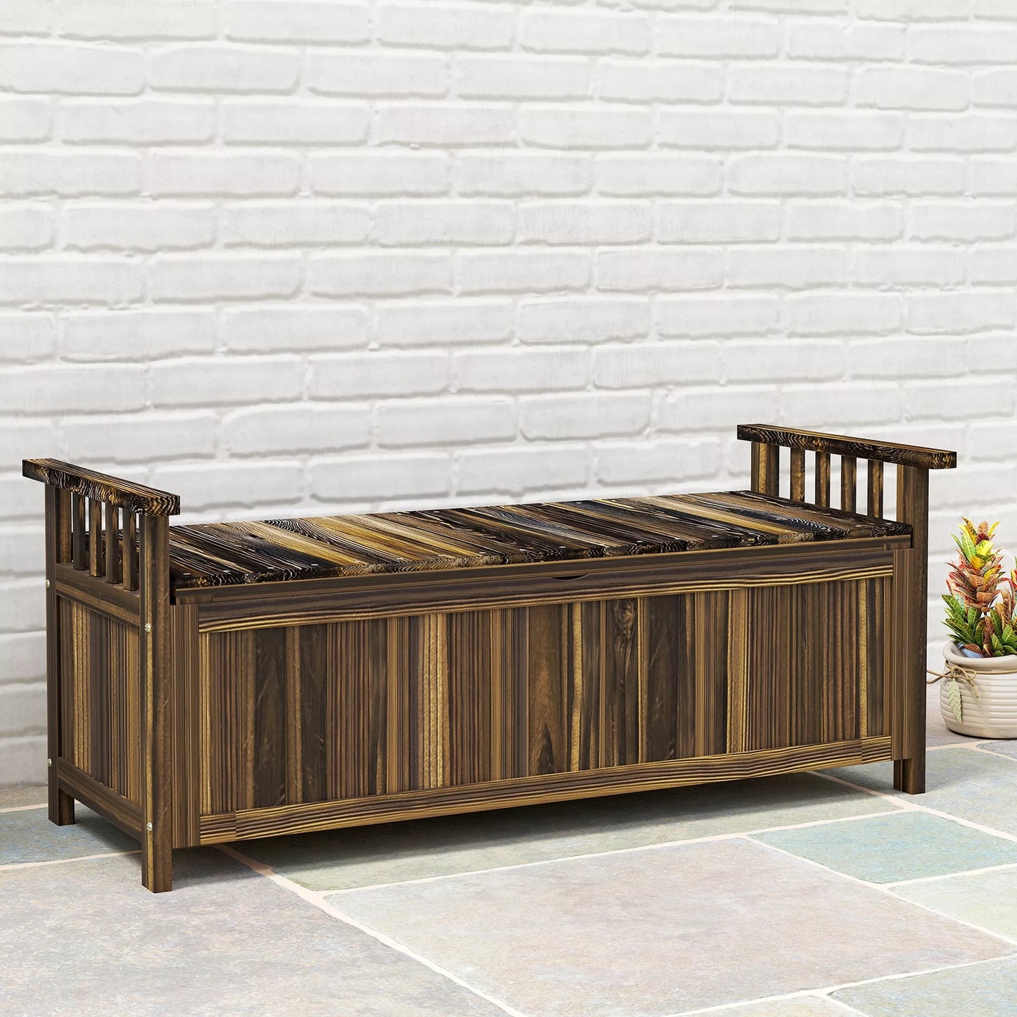 Outsunny 2 vietų medinė sodo suoliukas, atsparus oro sąlygoms, lauko baldai su daiktadėže ir porankiais 128,5 x 56 x 53,5cm, degintas